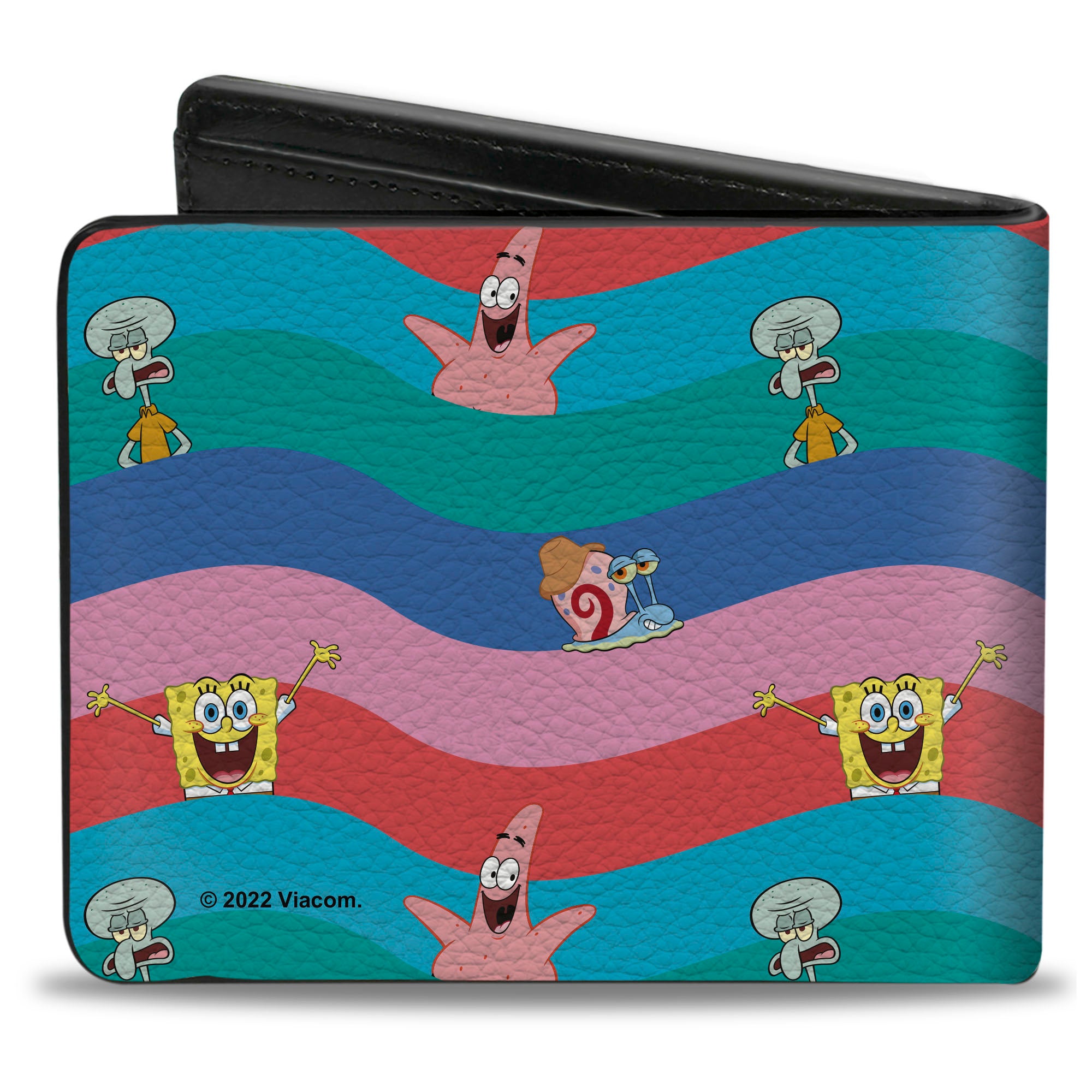 Bi-Fold Wallet - SpongeBob SquarePants and Friends Poses Wavy Stripe Blues Reds Bi-Fold Wallets SpongeBob SquarePants