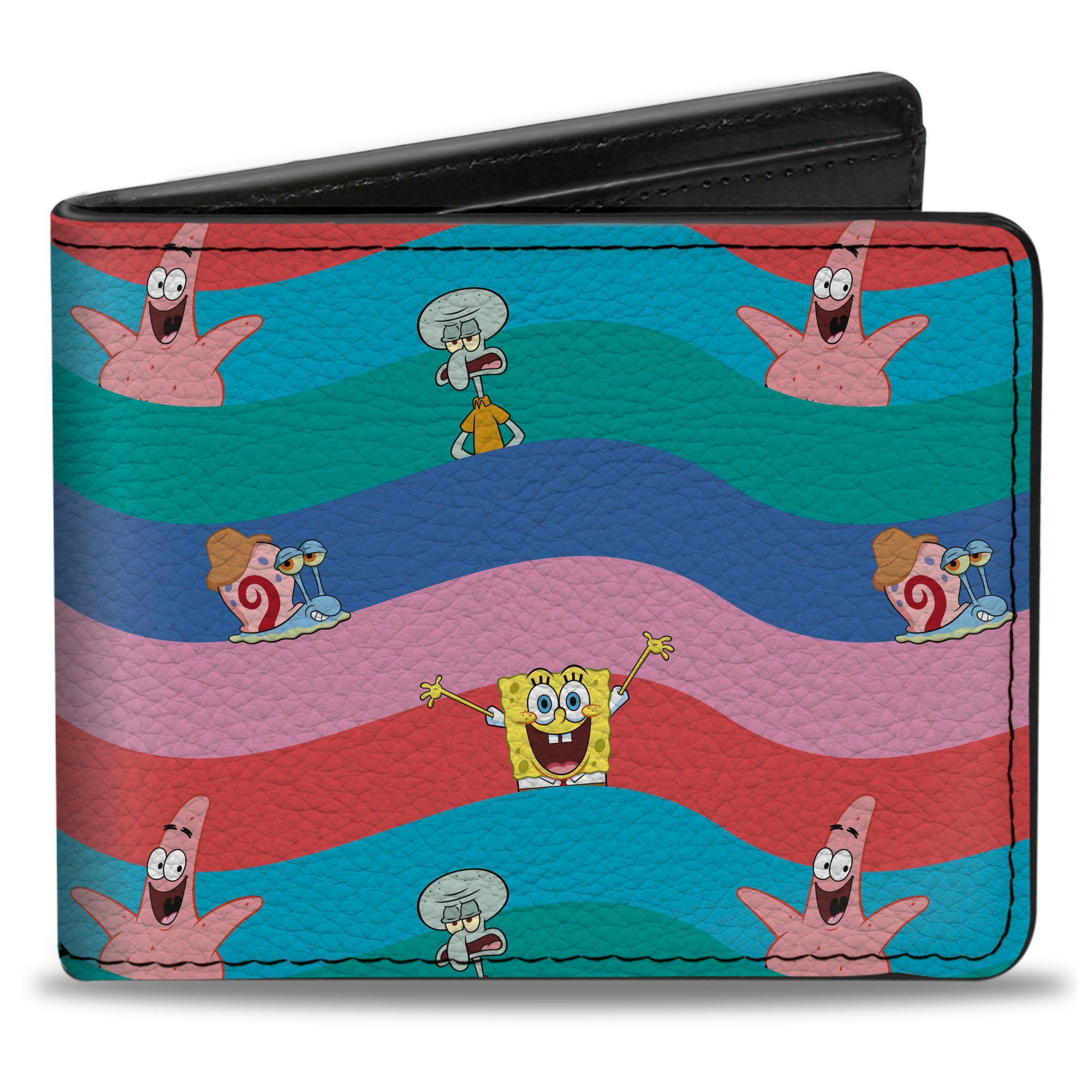 Bi-Fold Wallet - SpongeBob SquarePants and Friends Poses Wavy Stripe Blues Reds Bi-Fold Wallets SpongeBob SquarePants