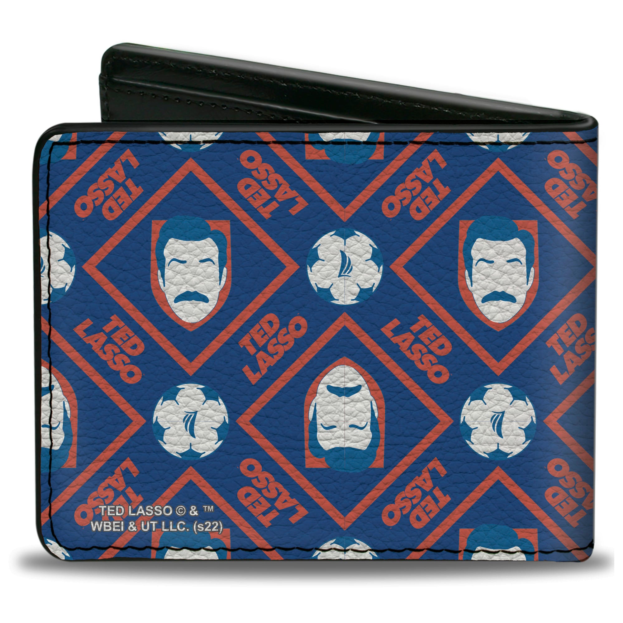 Bi-Fold Wallet - TED LASSO Text with Icon and Soccer Ball Pattern Blues White Red Bi-Fold Wallets Ted Lasso
