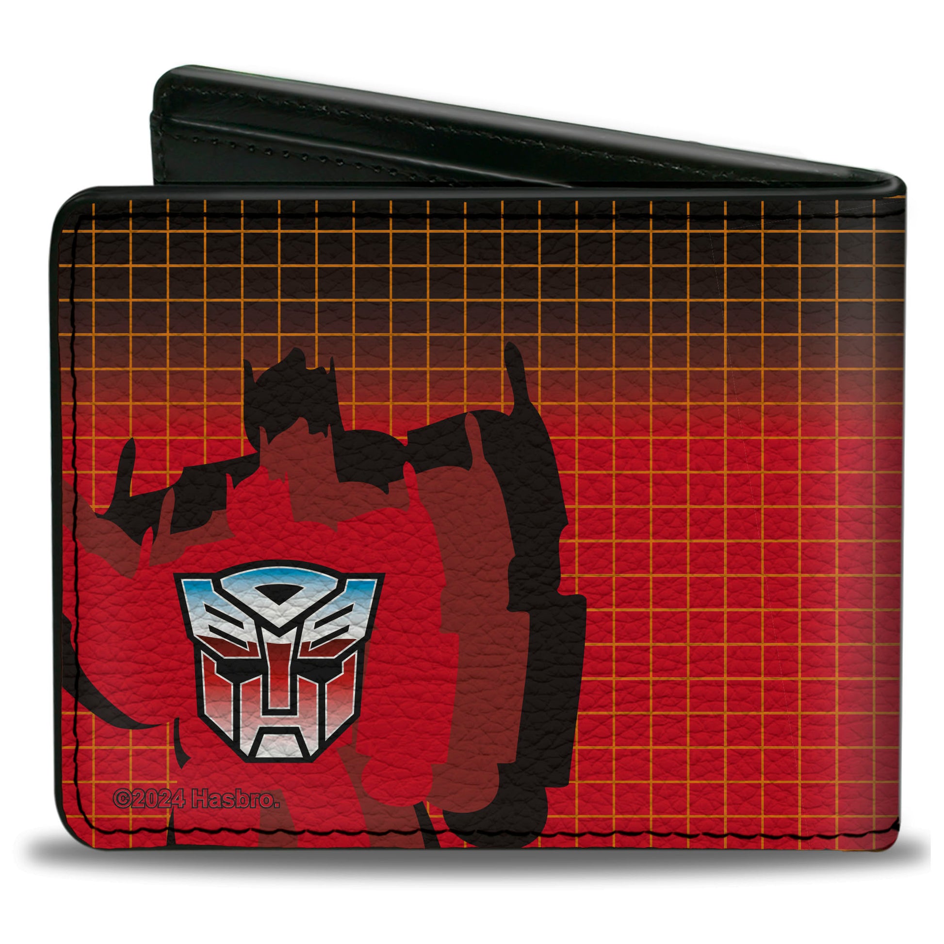 Bi-Fold Wallet - Transformers Optimus Prime Blaster Pose and Autobot Shield Grid Fade Reds Bi-Fold Wallets Transformers