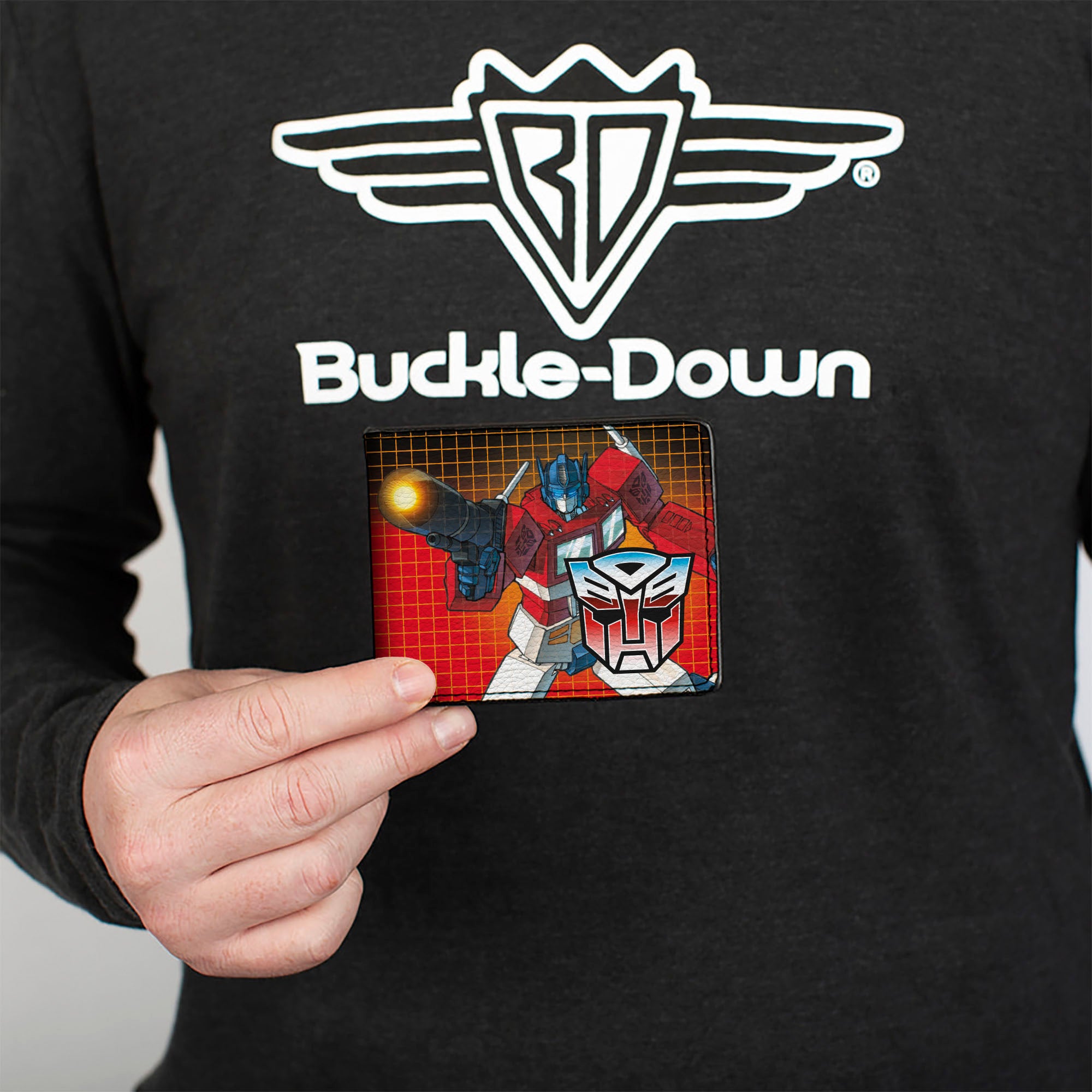 Bi-Fold Wallet - Transformers Optimus Prime Blaster Pose and Autobot Shield Grid Fade Reds Bi-Fold Wallets Transformers