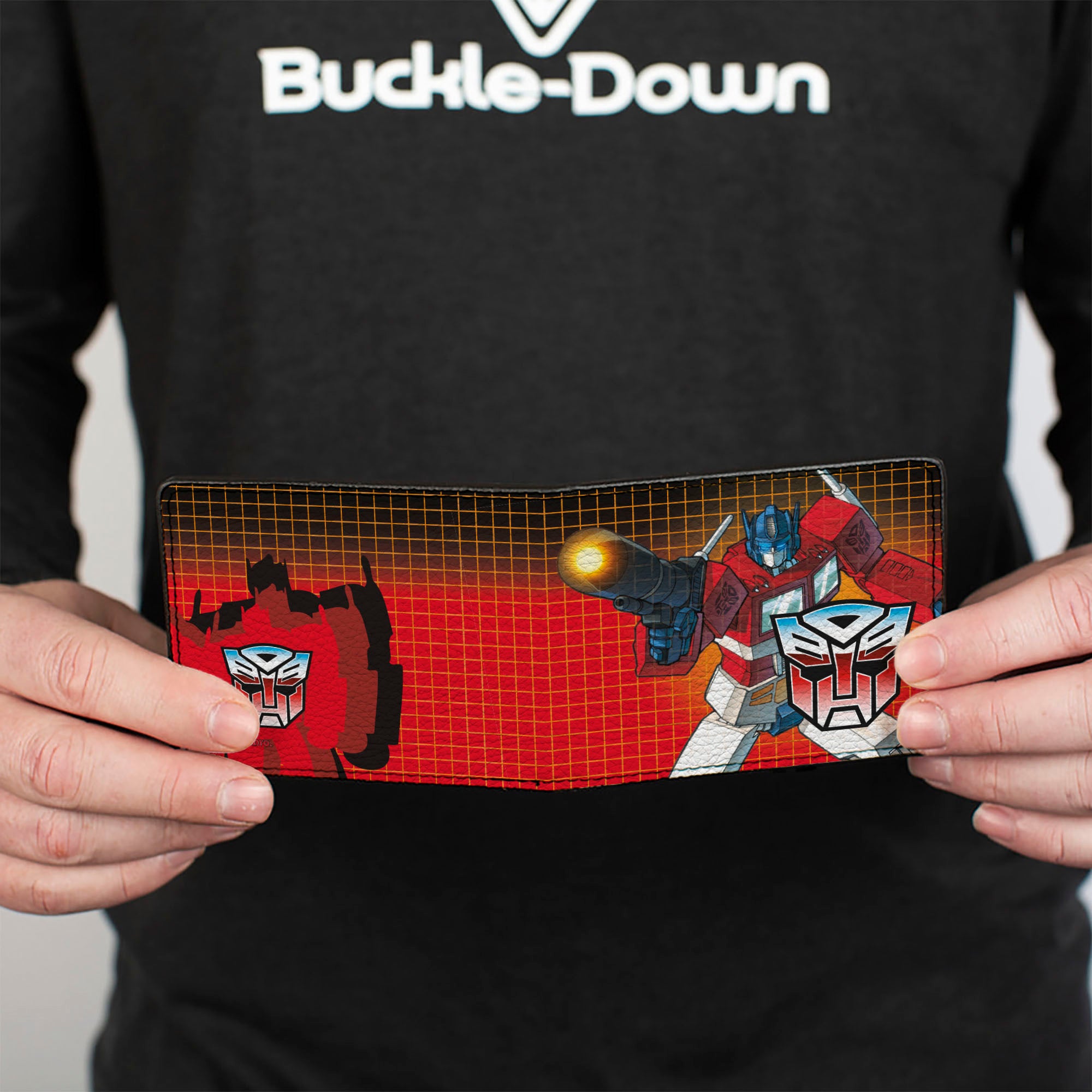 Bi-Fold Wallet - Transformers Optimus Prime Blaster Pose and Autobot Shield Grid Fade Reds Bi-Fold Wallets Transformers