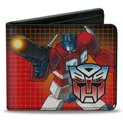 Bi-Fold Wallet - Transformers Optimus Prime Blaster Pose and Autobot Shield Grid Fade Reds Bi-Fold Wallets Transformers