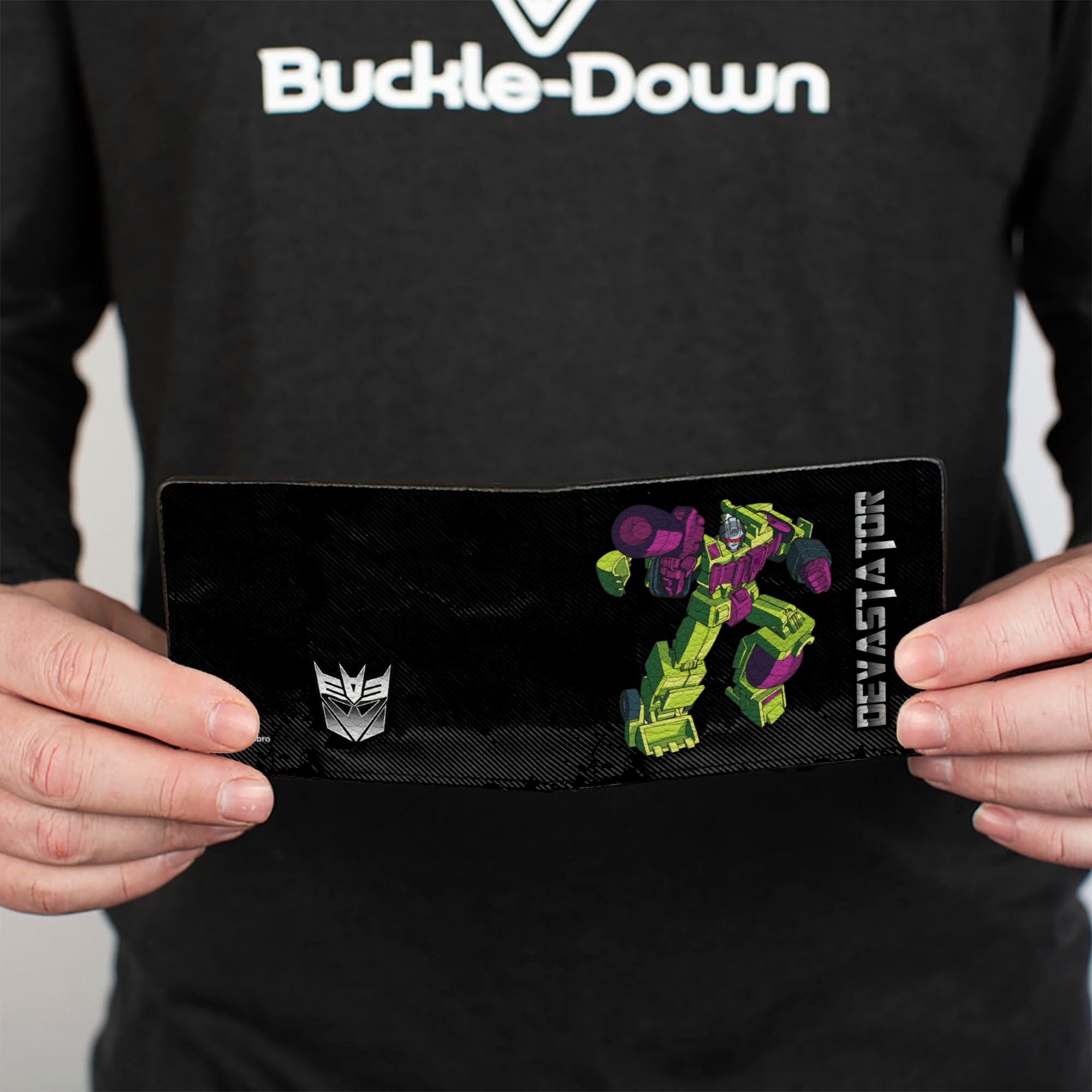 Bi-Fold Wallet - Transformers DEVASTATOR Action Pose and Decepticon Shield Black/Silver Fade Bi-Fold Wallets Transformers
