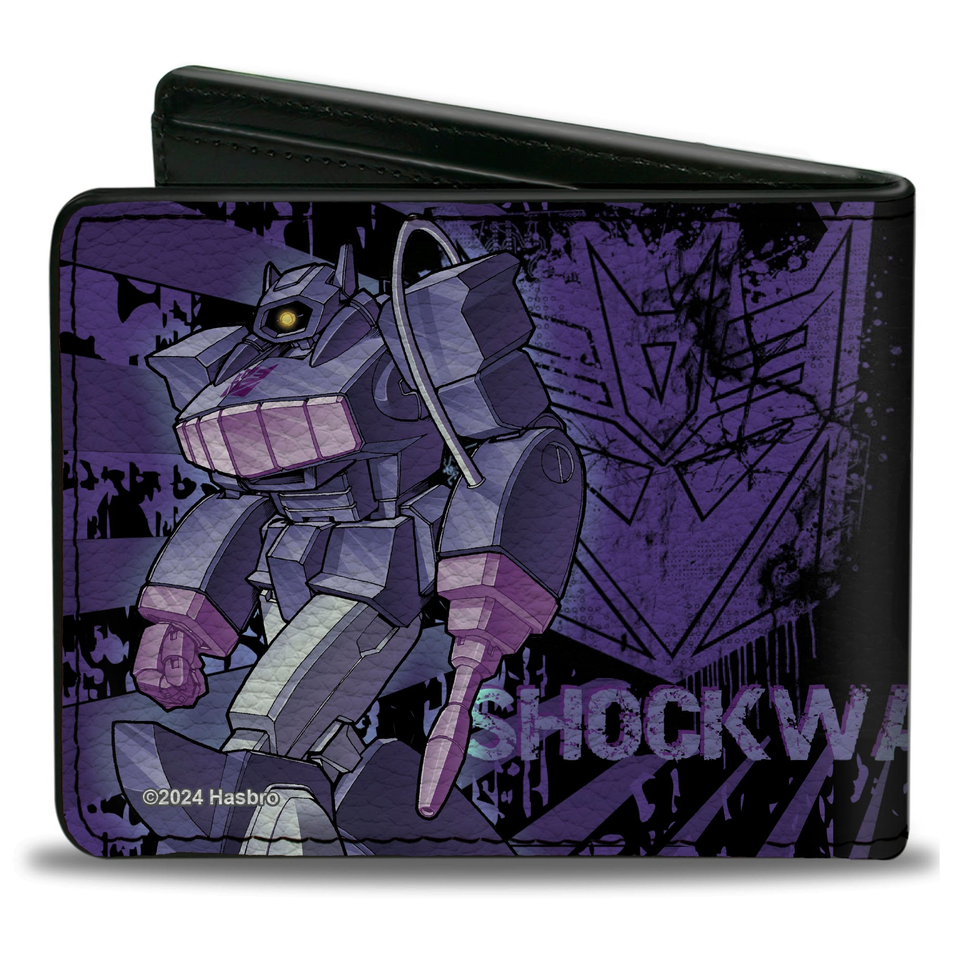 Bi-Fold Wallet - Transformers SHOCKWAVE Poses and Decepticon Shield Rays Black/Purples Bi-Fold Wallets Transformers