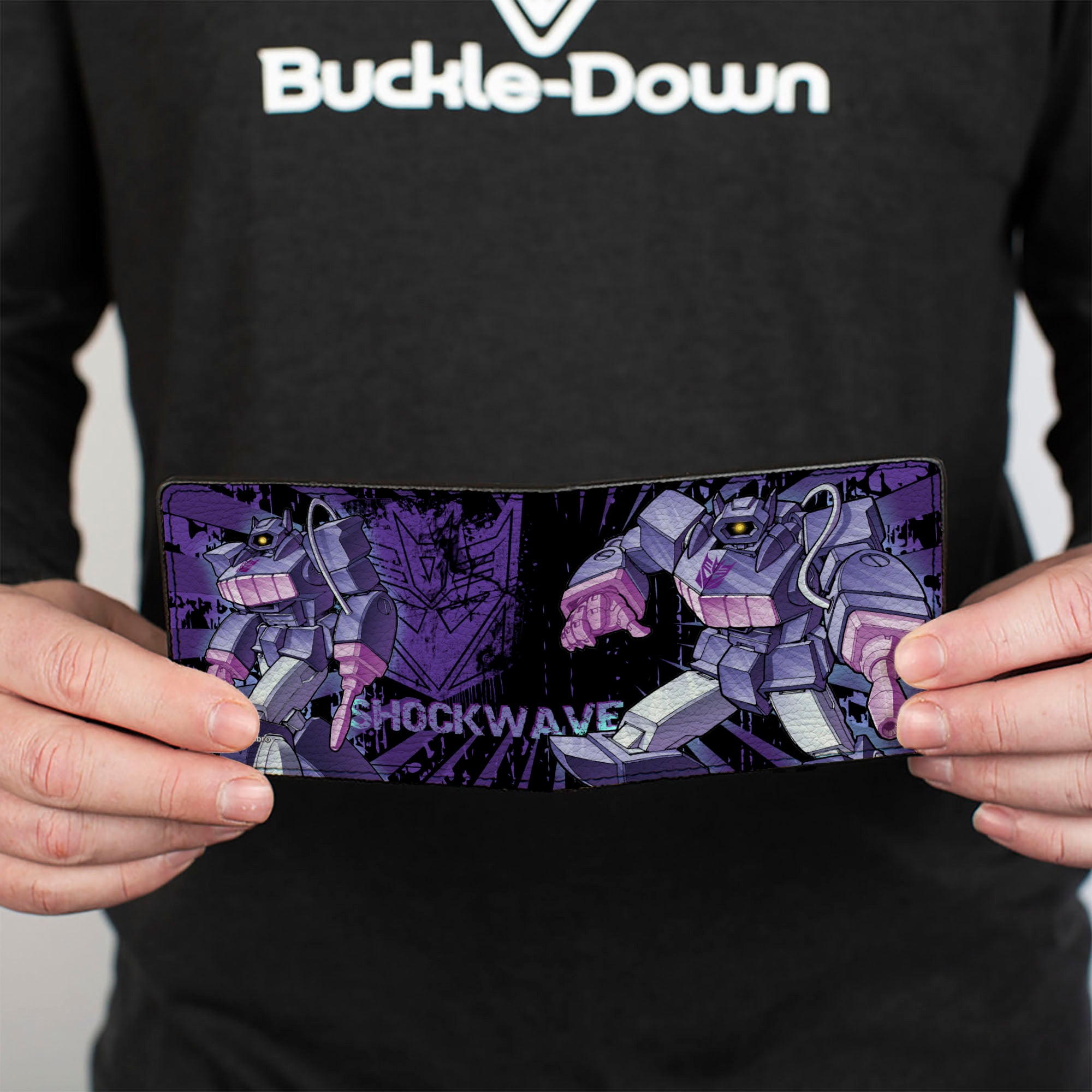 Bi-Fold Wallet - Transformers SHOCKWAVE Poses and Decepticon Shield Rays Black/Purples Bi-Fold Wallets Transformers