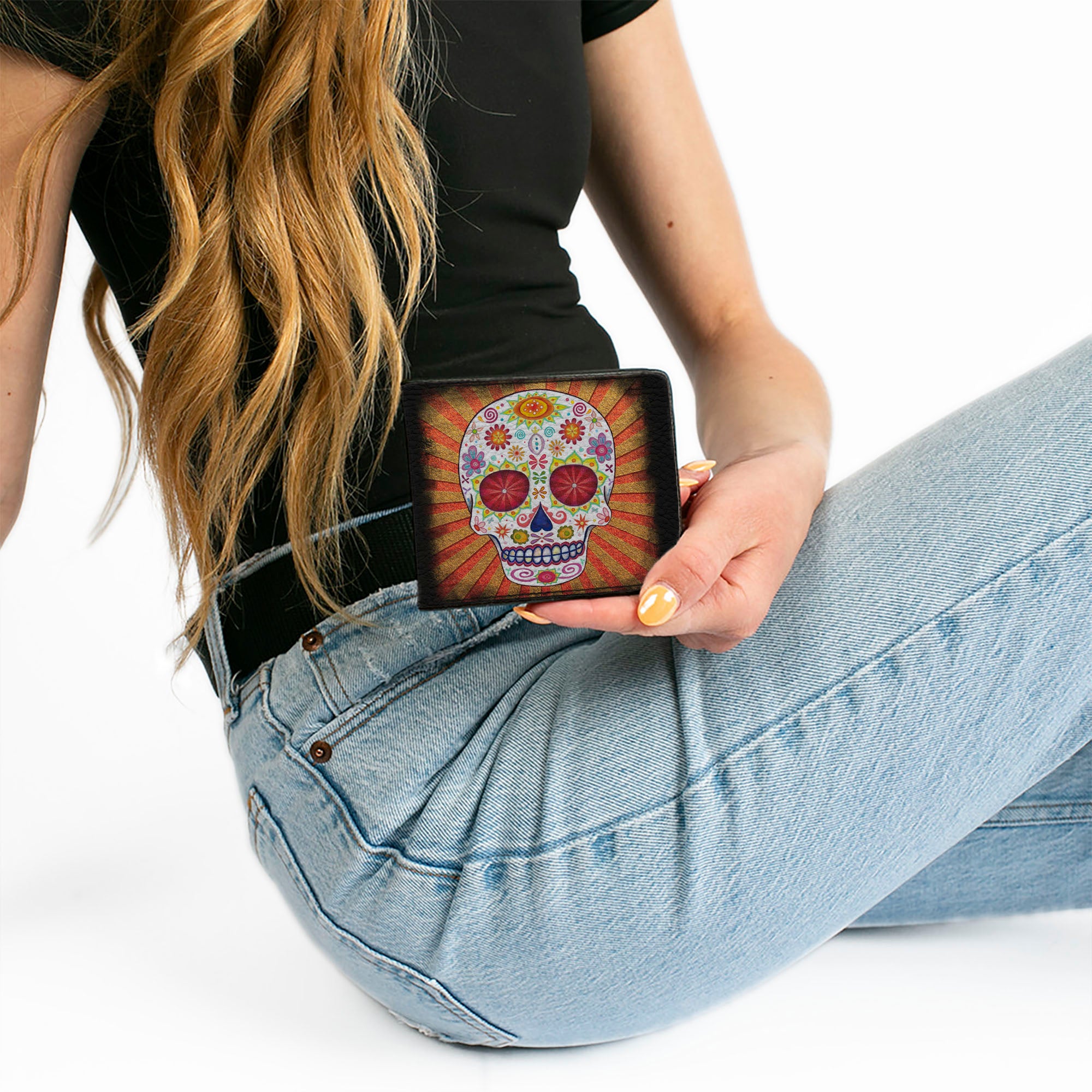 Bi-Fold Wallet - Sugar Skull Rays Black Multi Color Bi-Fold Wallets Thaneeya McArdle