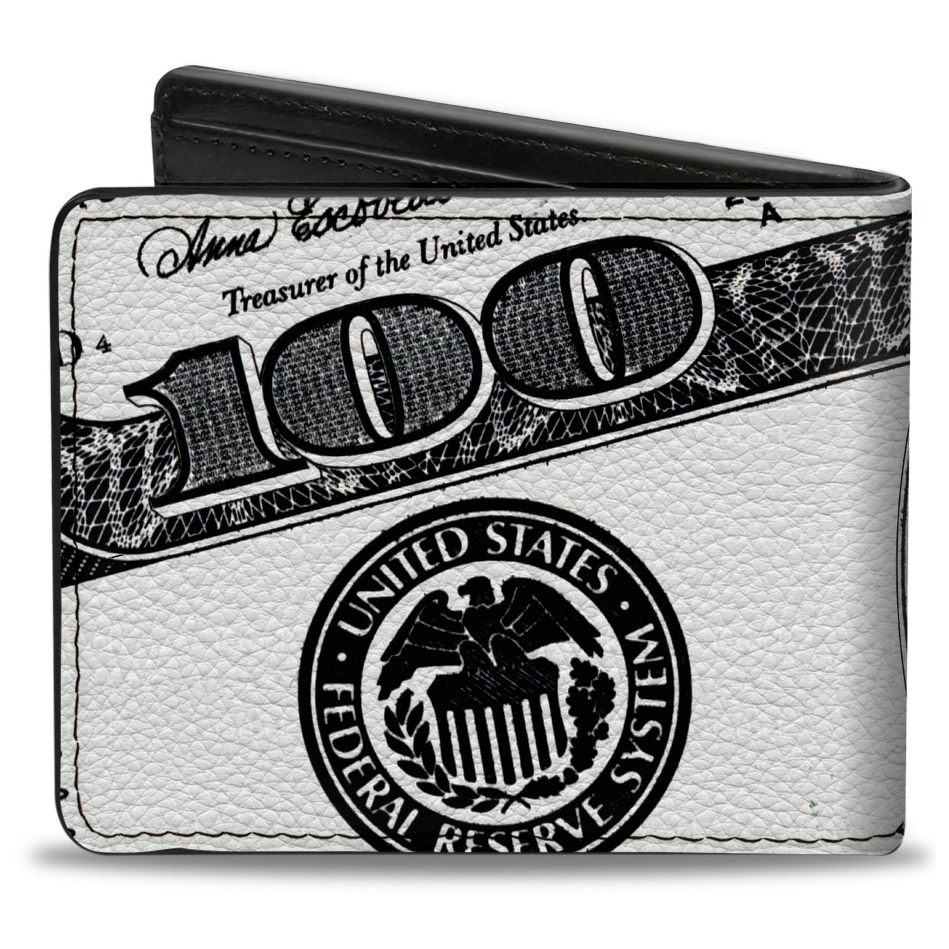 Bi-Fold Wallet - 100 Dollar Bill CLOSE-UP White Black Bi-Fold Wallets Buckle-Down