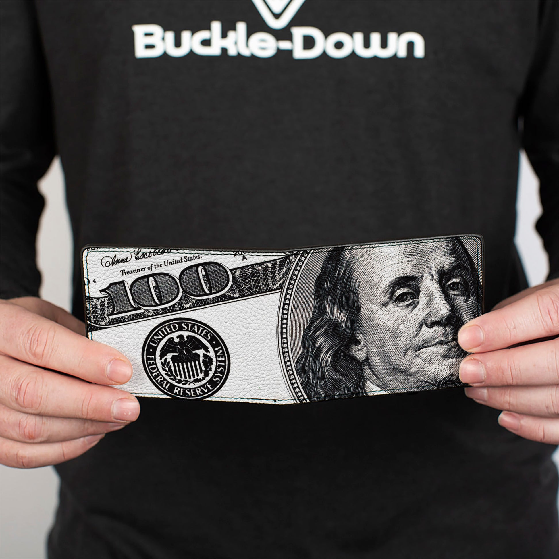 Bi-Fold Wallet - 100 Dollar Bill CLOSE-UP White Black Bi-Fold Wallets Buckle-Down