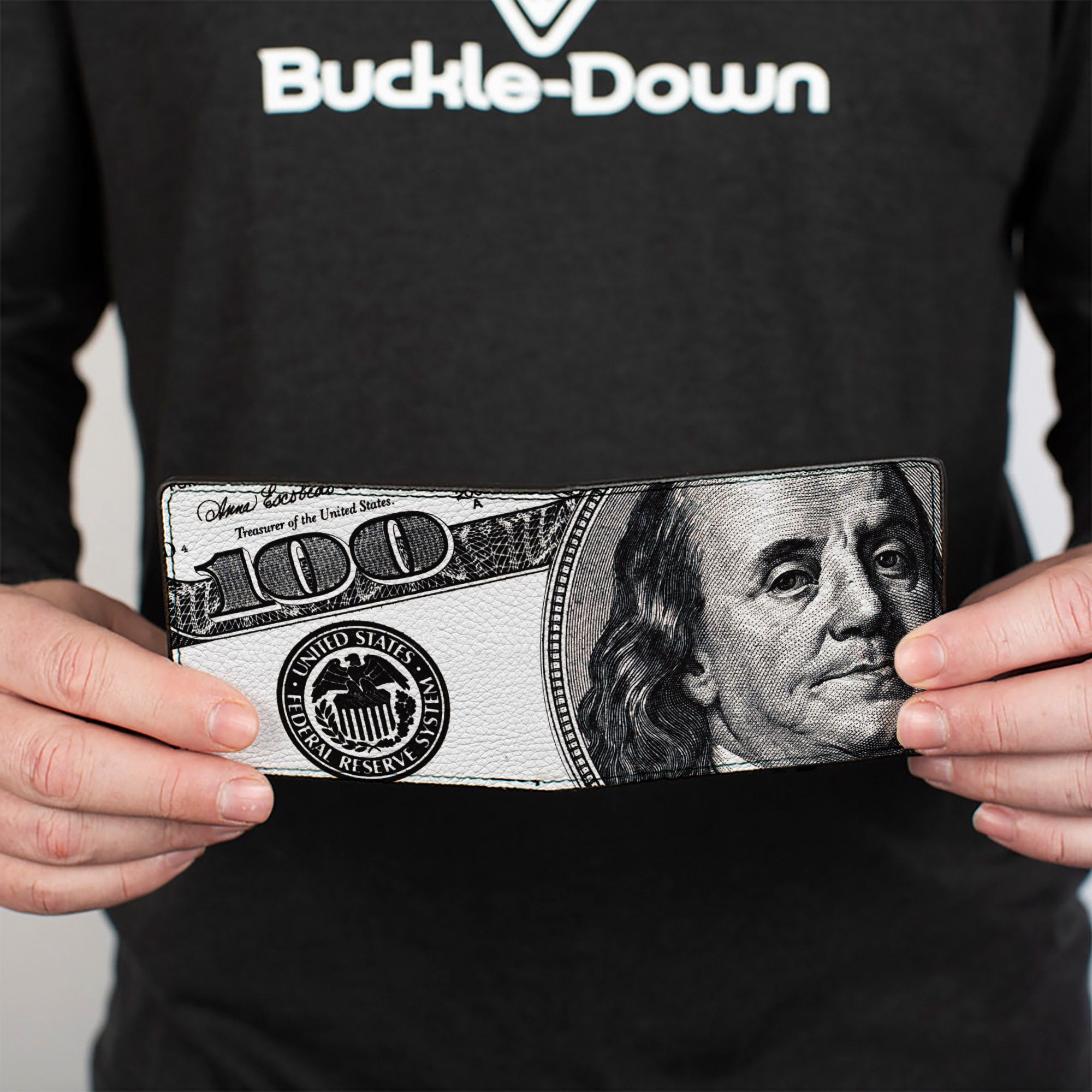 Bi-Fold Wallet - 100 Dollar Bill CLOSE-UP White Black Bi-Fold Wallets Buckle-Down