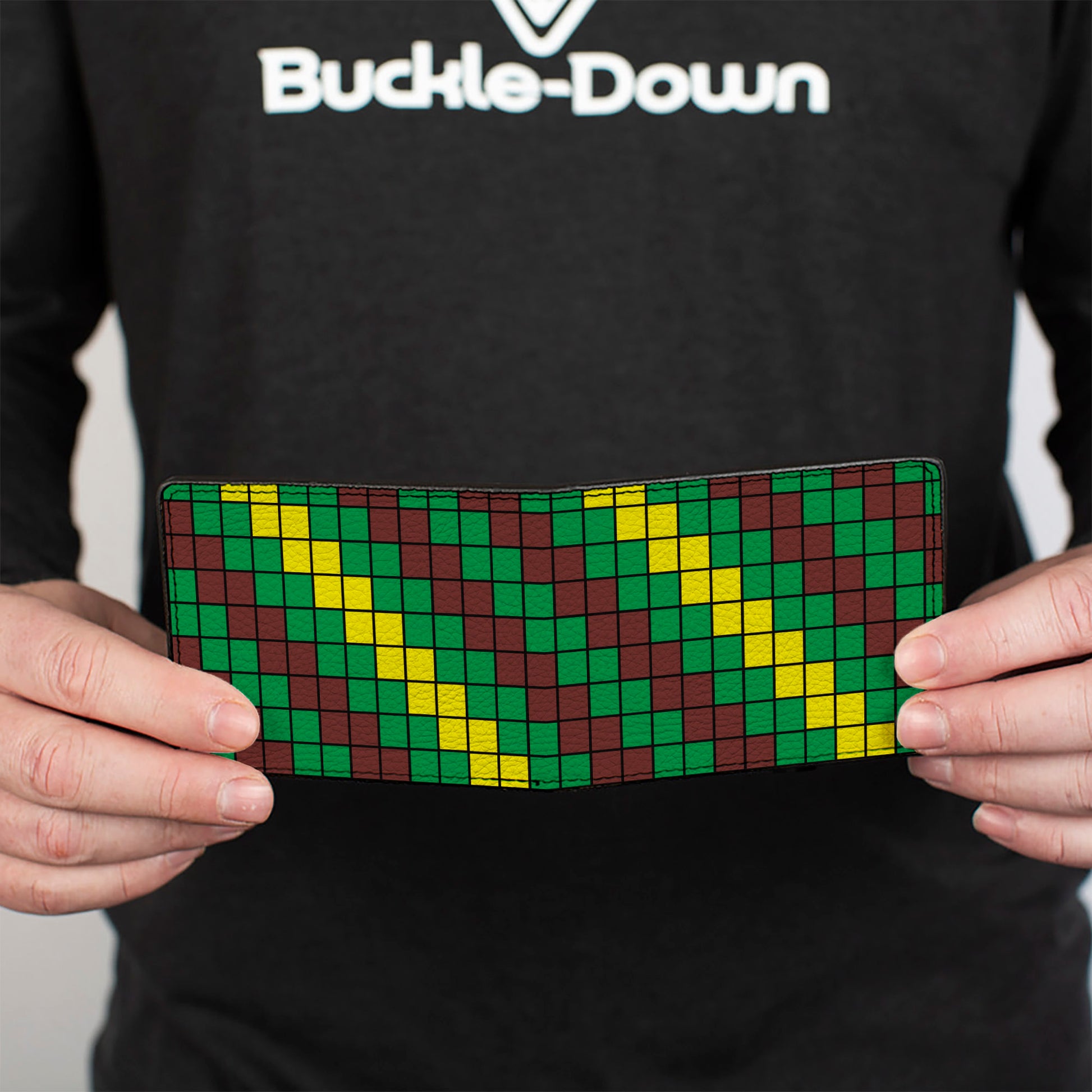 Bi-Fold Wallet - 8-Bit Pixel Step Stripe Black Brown Green Yellow Bi-Fold Wallets Buckle-Down