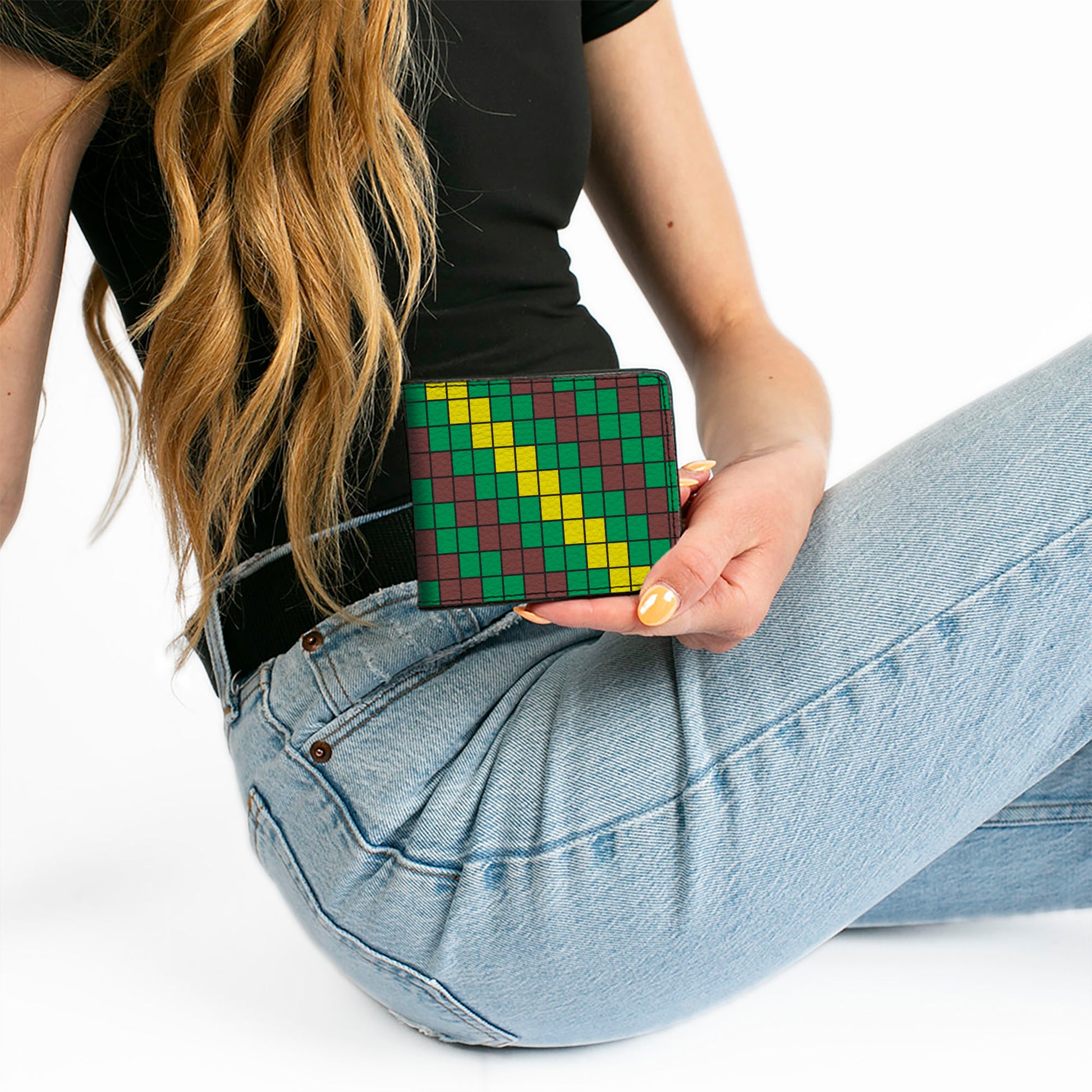 Bi-Fold Wallet - 8-Bit Pixel Step Stripe Black Brown Green Yellow Bi-Fold Wallets Buckle-Down