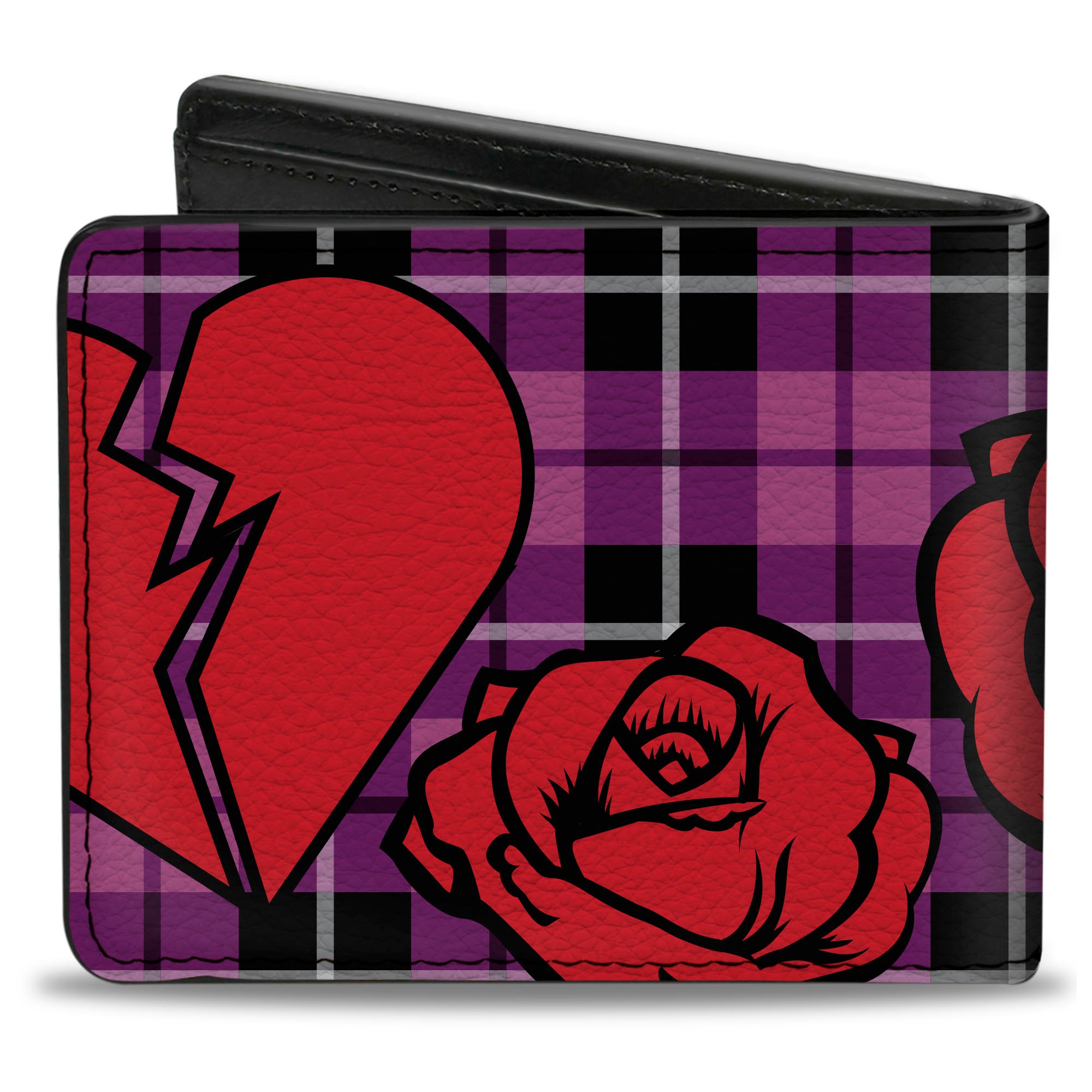 Bi-Fold Wallet - Broken Hearts & Roses w Fuchsia Plaid Bi-Fold Wallets Buckle-Down