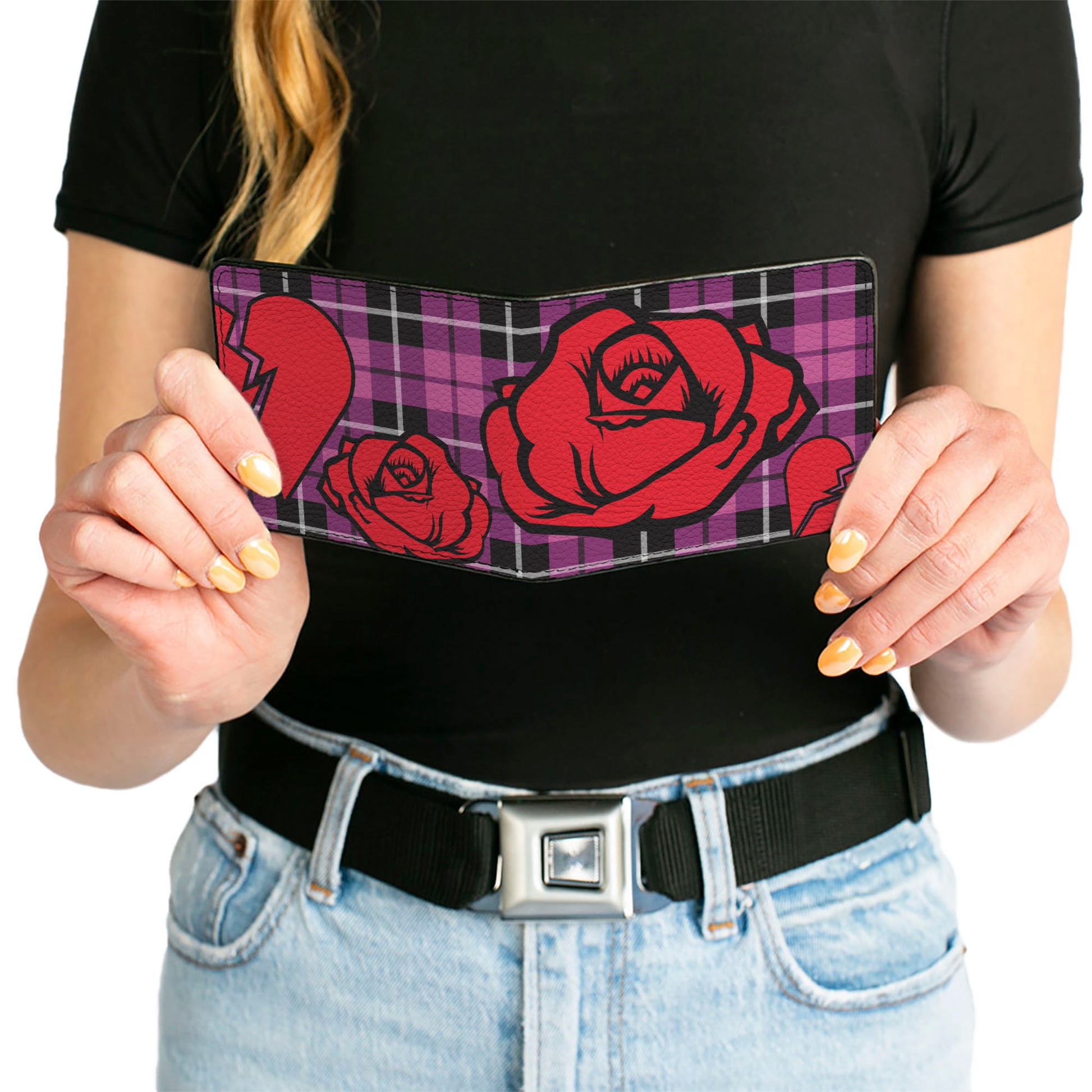 Bi-Fold Wallet - Broken Hearts & Roses w Fuchsia Plaid Bi-Fold Wallets Buckle-Down