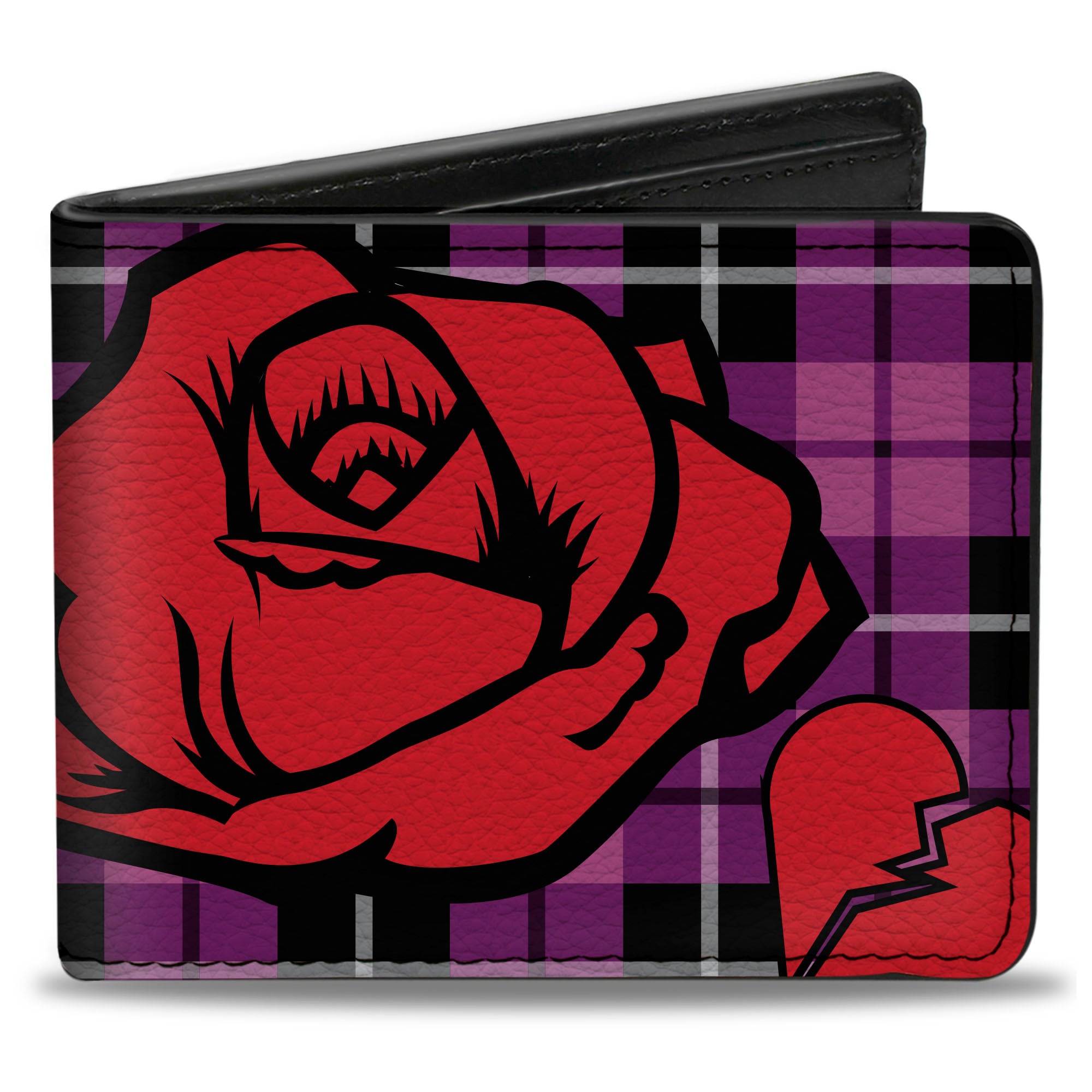 Bi-Fold Wallet - Broken Hearts & Roses w Fuchsia Plaid Bi-Fold Wallets Buckle-Down