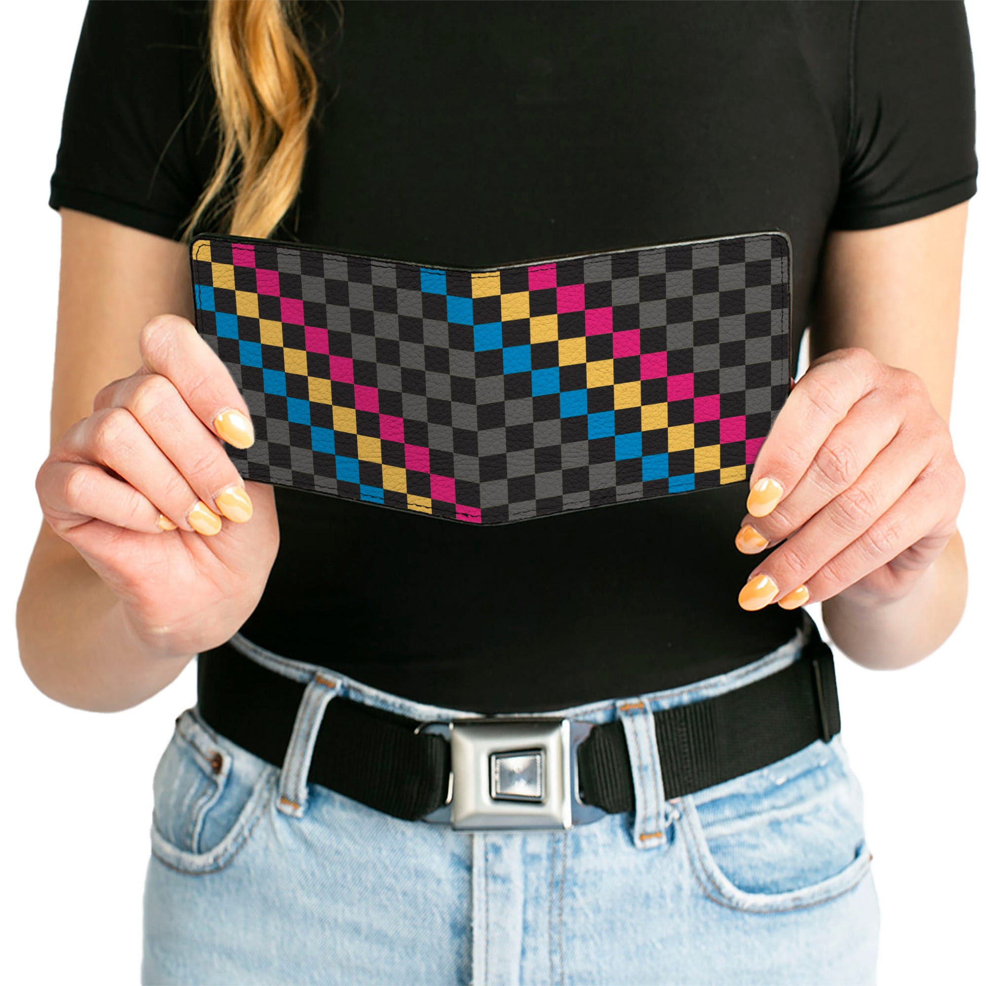 Bi-Fold Wallet - Checker Stripe Black Gray Blue Gold Pink Bi-Fold Wallets Buckle-Down