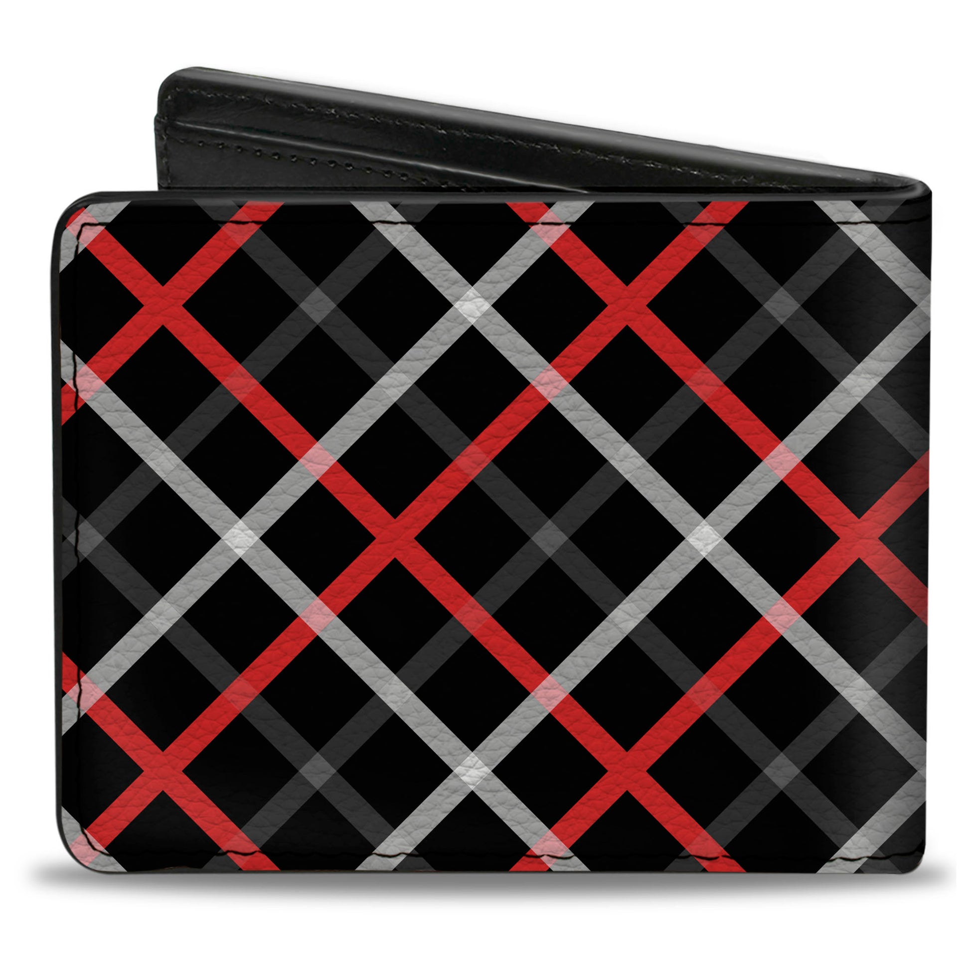 Bi-Fold Wallet - Criss Cross Plaid Black Gray Red Bi-Fold Wallets Buckle-Down