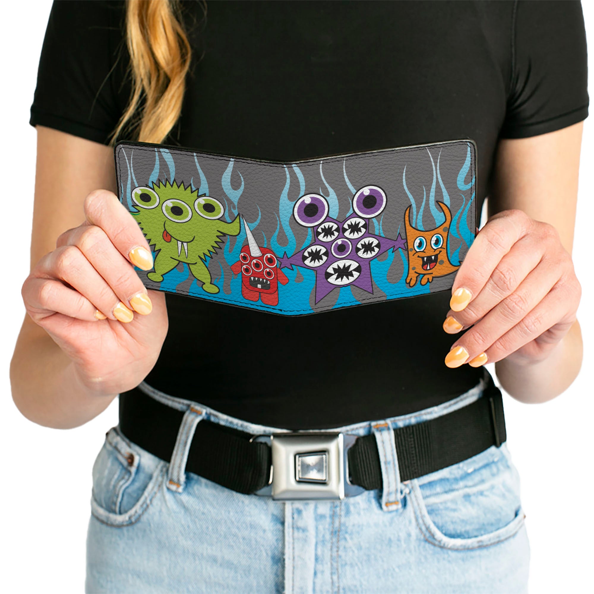 Bi-Fold Wallet - Cute Monsters Gray Flame Blue Bi-Fold Wallets Buckle-Down