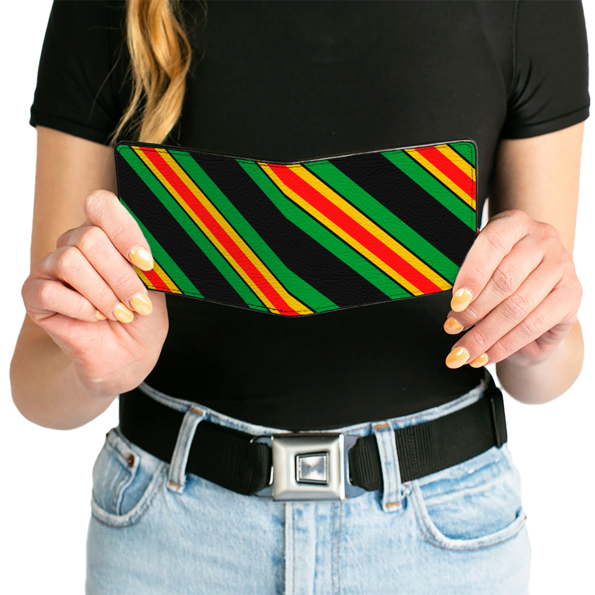 Bi-Fold Wallet - Diagonal Stripes Black/Green/Yellow/Red