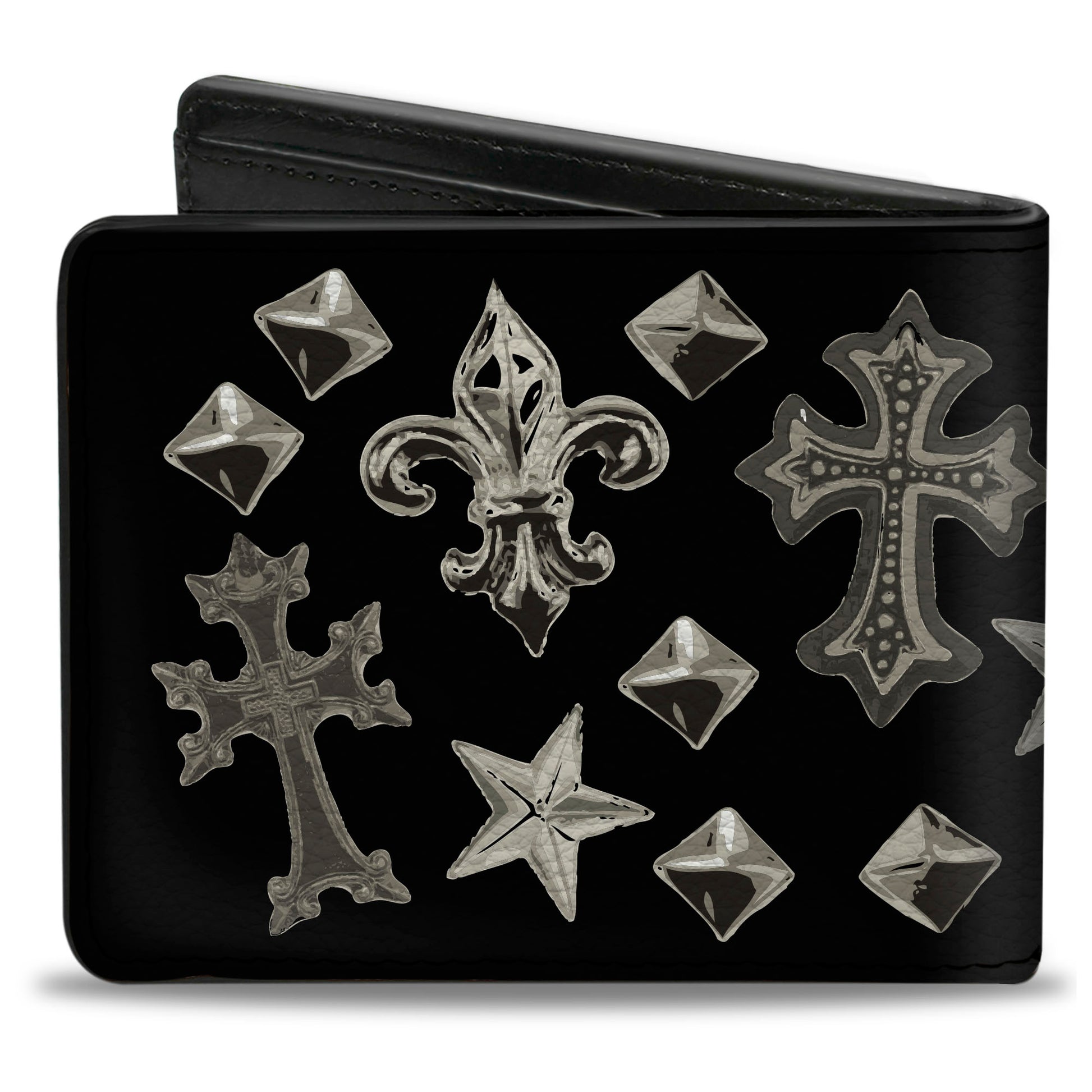 Bi-Fold Wallet - Elegant Crosses Stars Studs Black Grays Bi-Fold Wallets Buckle-Down