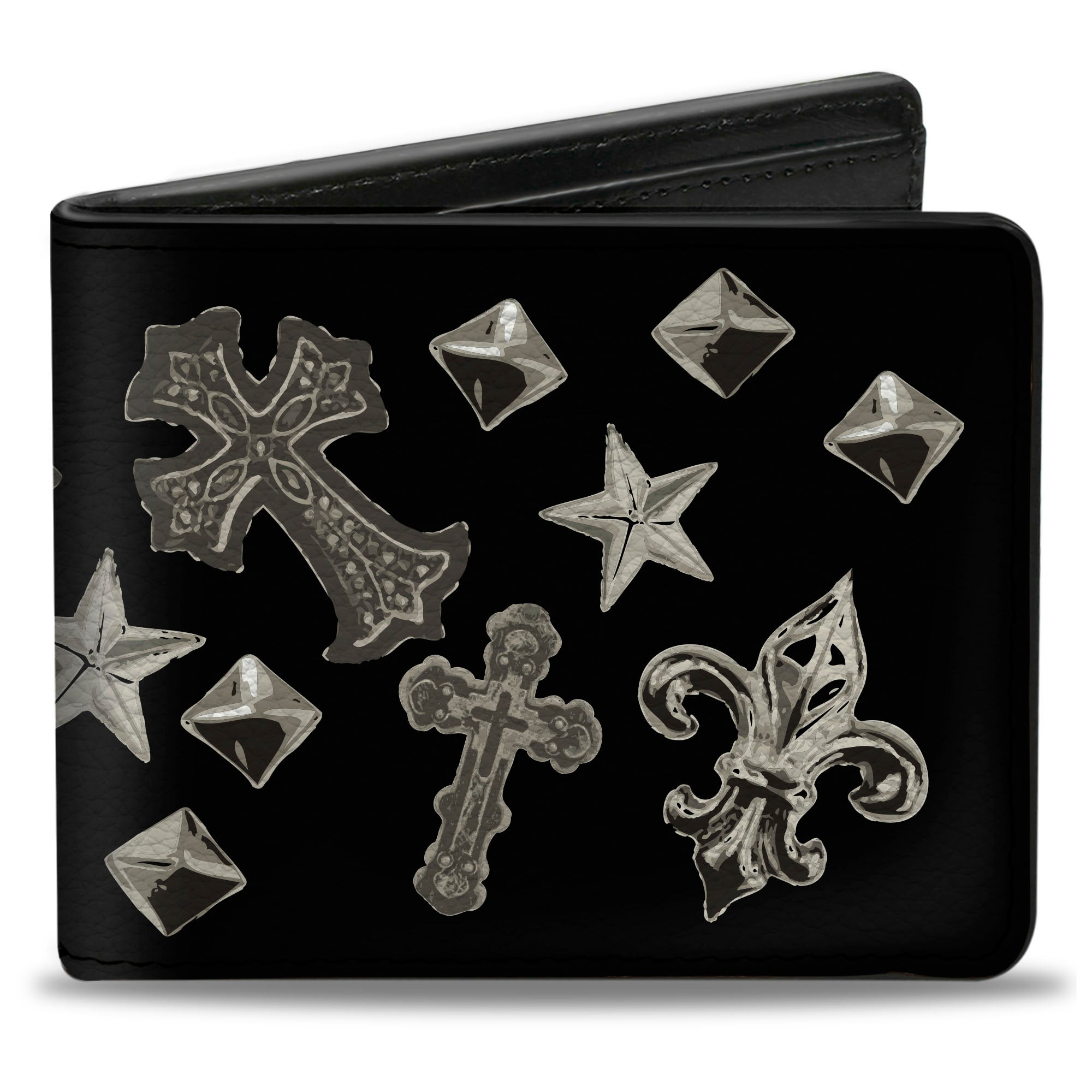 Bi-Fold Wallet - Elegant Crosses Stars Studs Black Grays Bi-Fold Wallets Buckle-Down