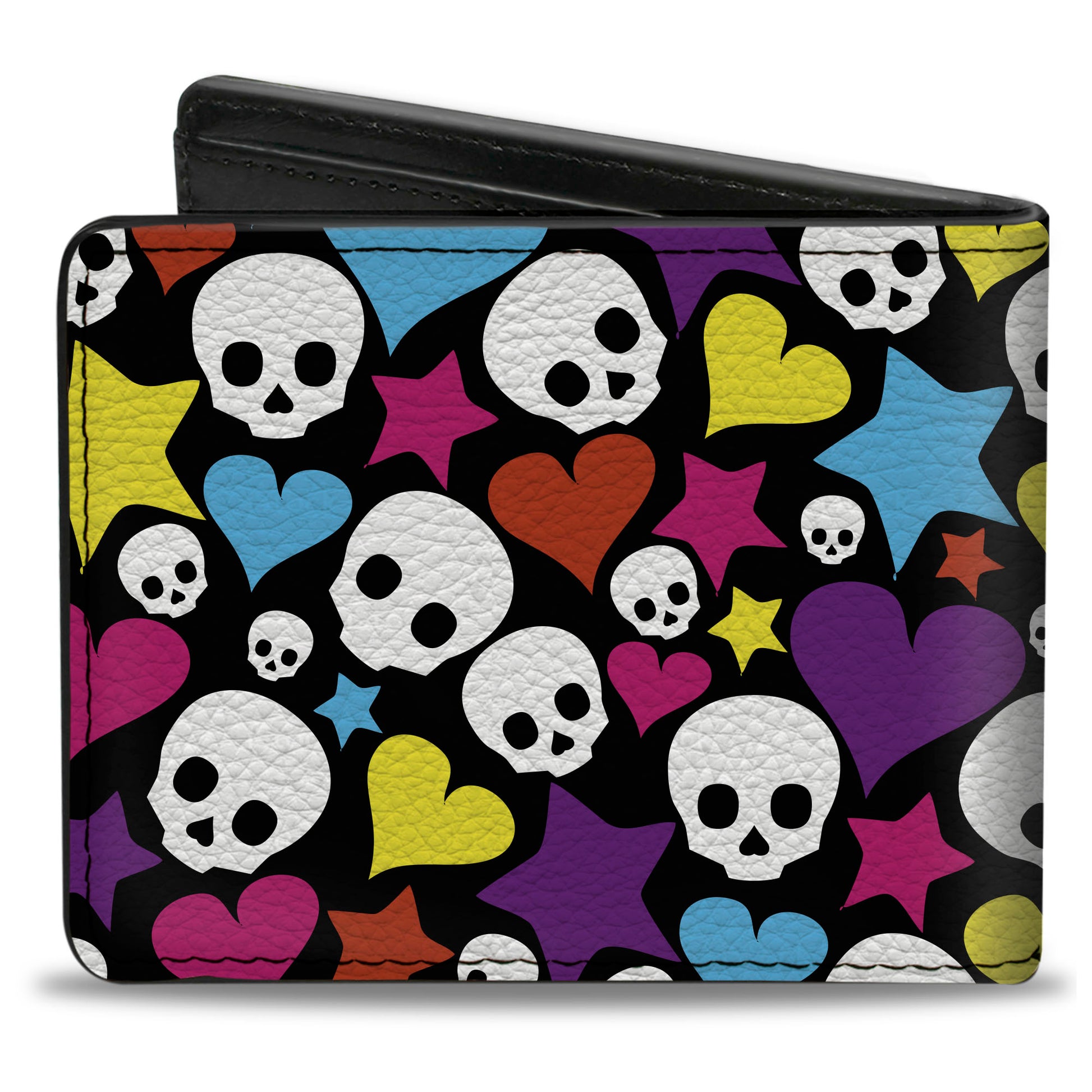 Bi-Fold Wallet - Funky Skulls Hearts & Stars Black Multi Color Bi-Fold Wallets Buckle-Down