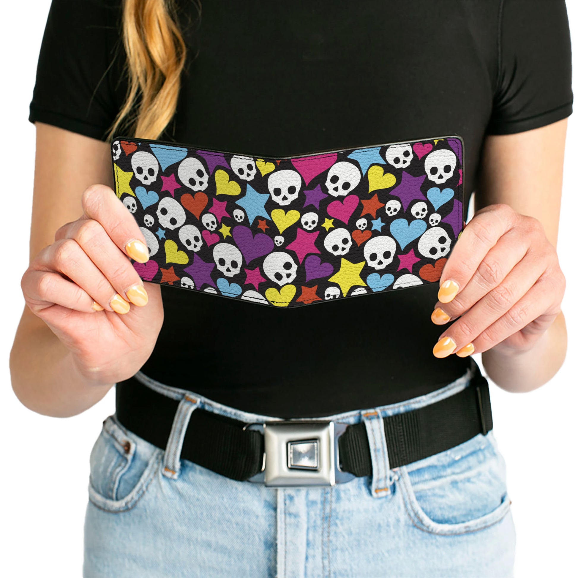 Bi-Fold Wallet - Funky Skulls Hearts & Stars Black Multi Color Bi-Fold Wallets Buckle-Down