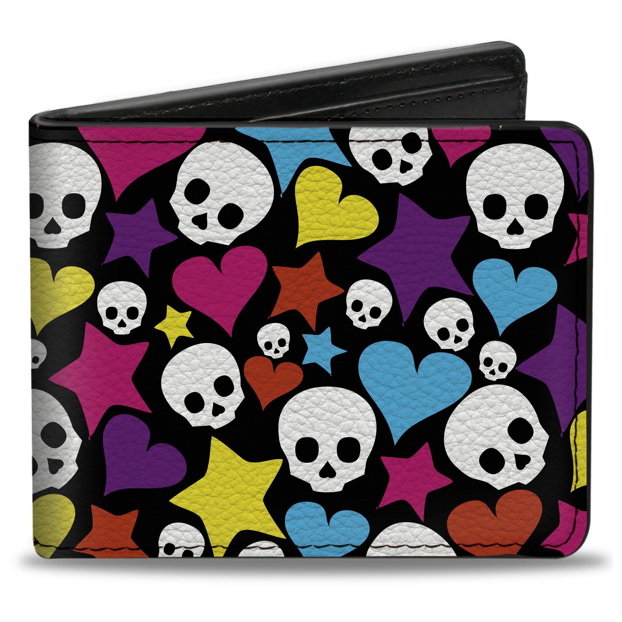 Bi-Fold Wallet - Funky Skulls Hearts & Stars Black Multi Color Bi-Fold Wallets Buckle-Down