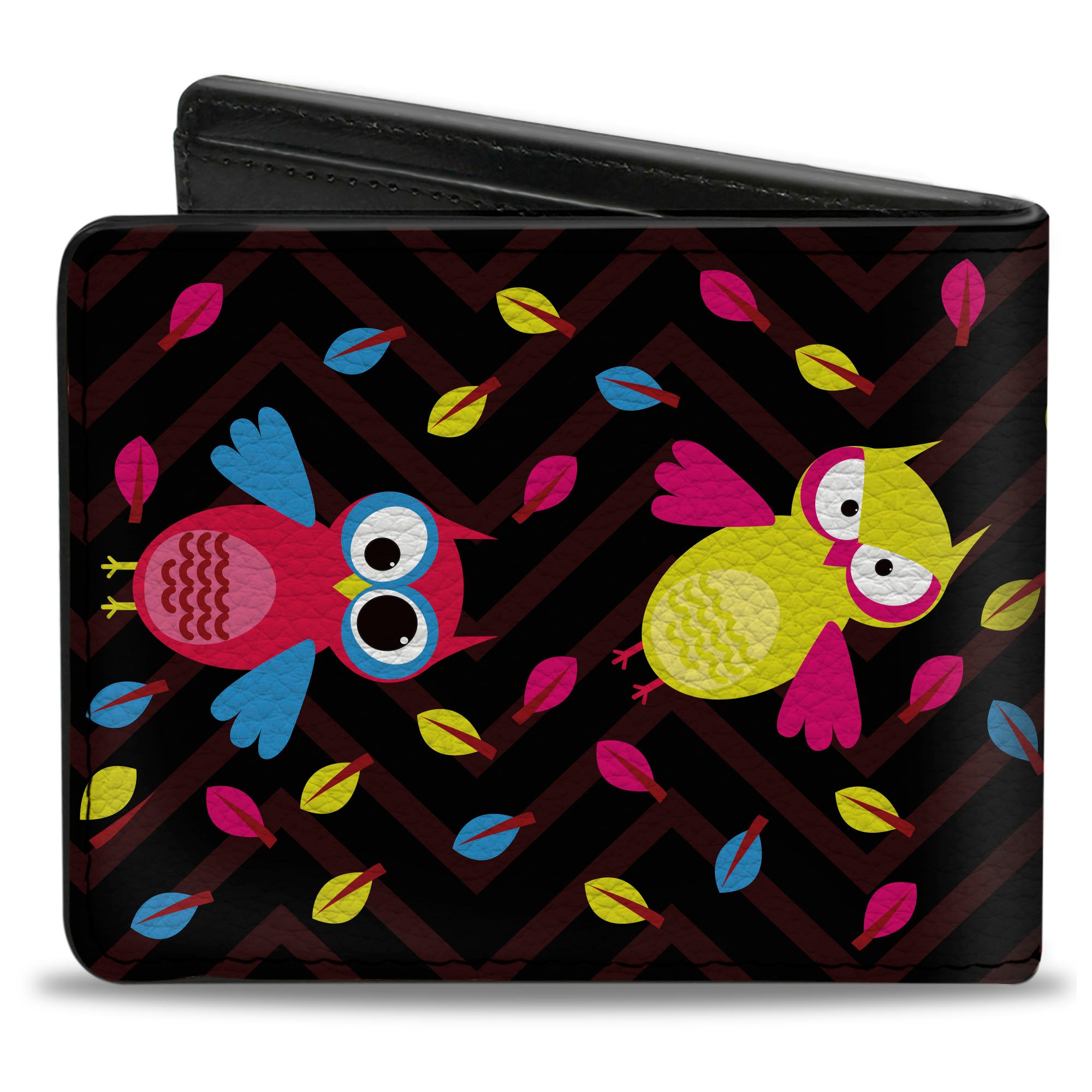 Bi-Fold Wallet - Flying Owls w Leaves Black Multi Color Bi-Fold Wallets Buckle-Down