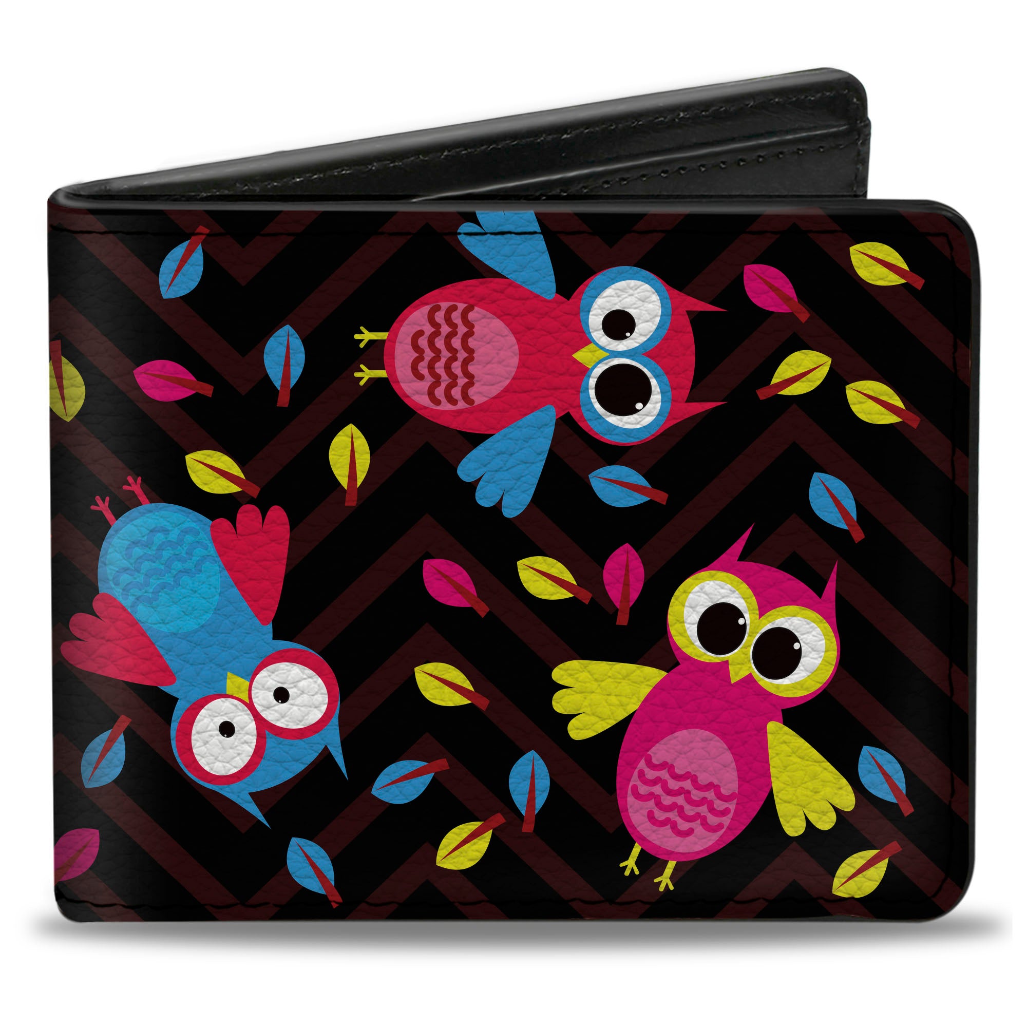 Bi-Fold Wallet - Flying Owls w Leaves Black Multi Color Bi-Fold Wallets Buckle-Down