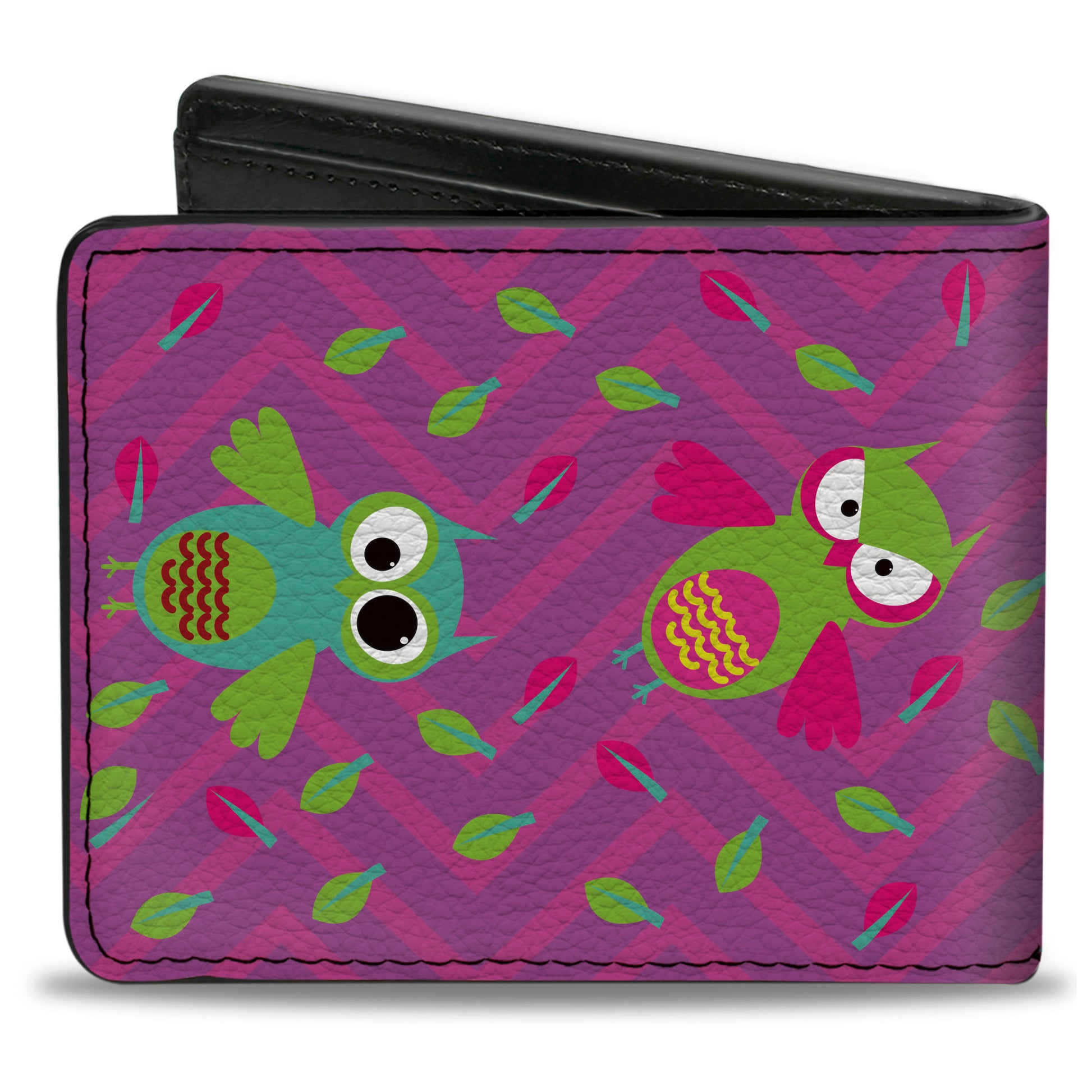 Bi-Fold Wallet - Flying Owls w Leaves Purple Multi Color Bi-Fold Wallets Buckle-Down