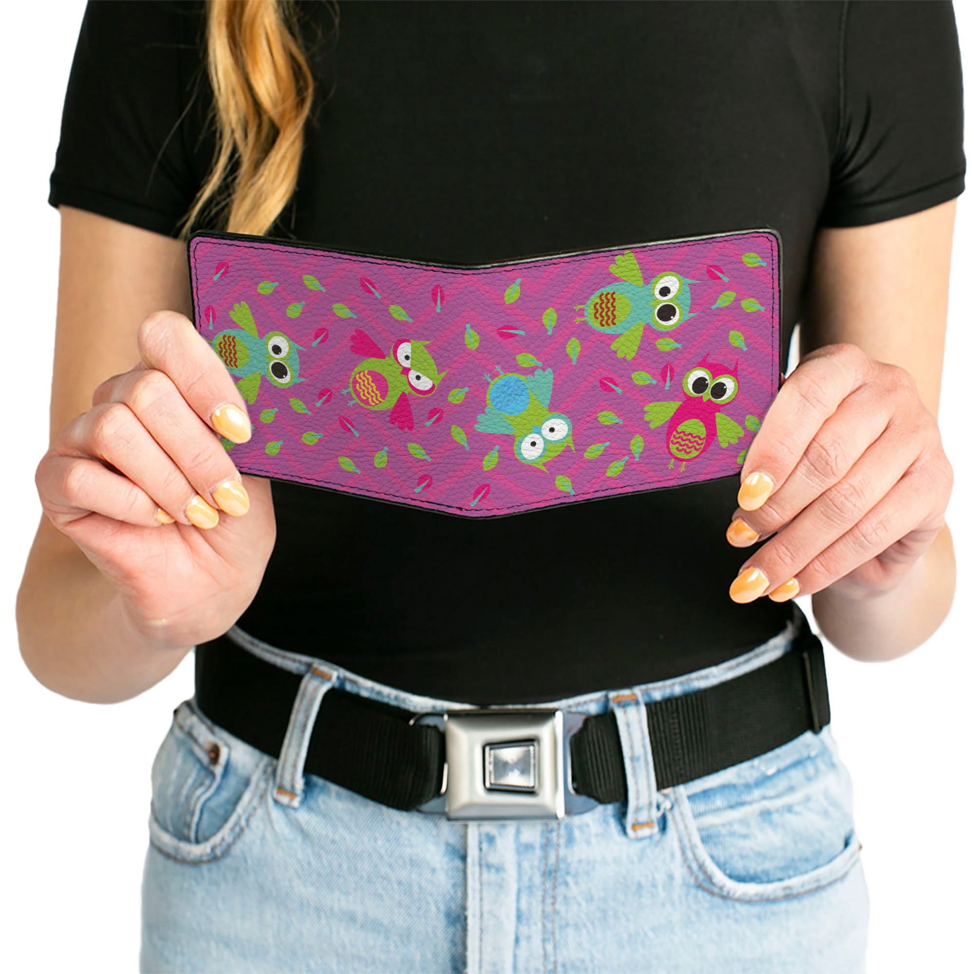 Bi-Fold Wallet - Flying Owls w Leaves Purple Multi Color Bi-Fold Wallets Buckle-Down