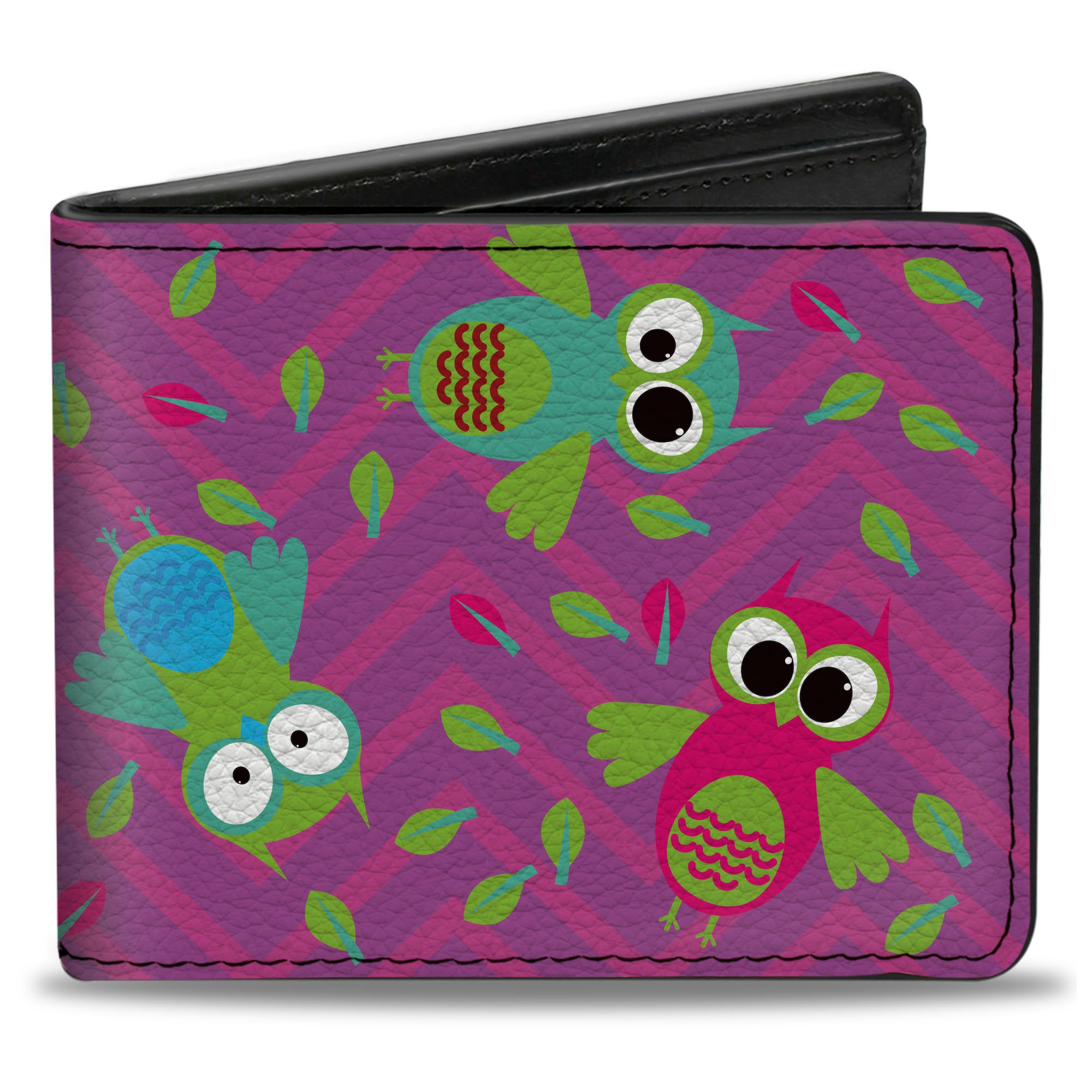 Bi-Fold Wallet - Flying Owls w Leaves Purple Multi Color Bi-Fold Wallets Buckle-Down
