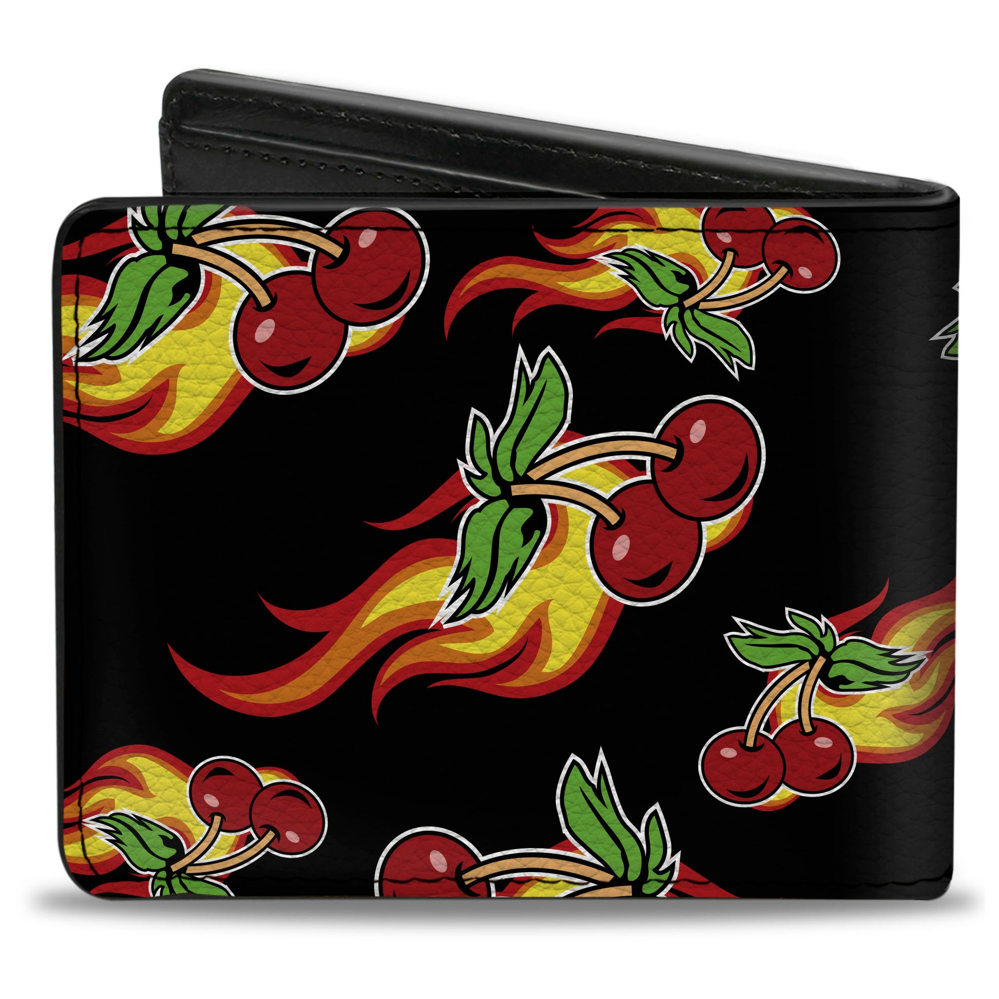 Bi-Fold Wallet - Flaming Cherries Scattered Black Bi-Fold Wallets Buckle-Down