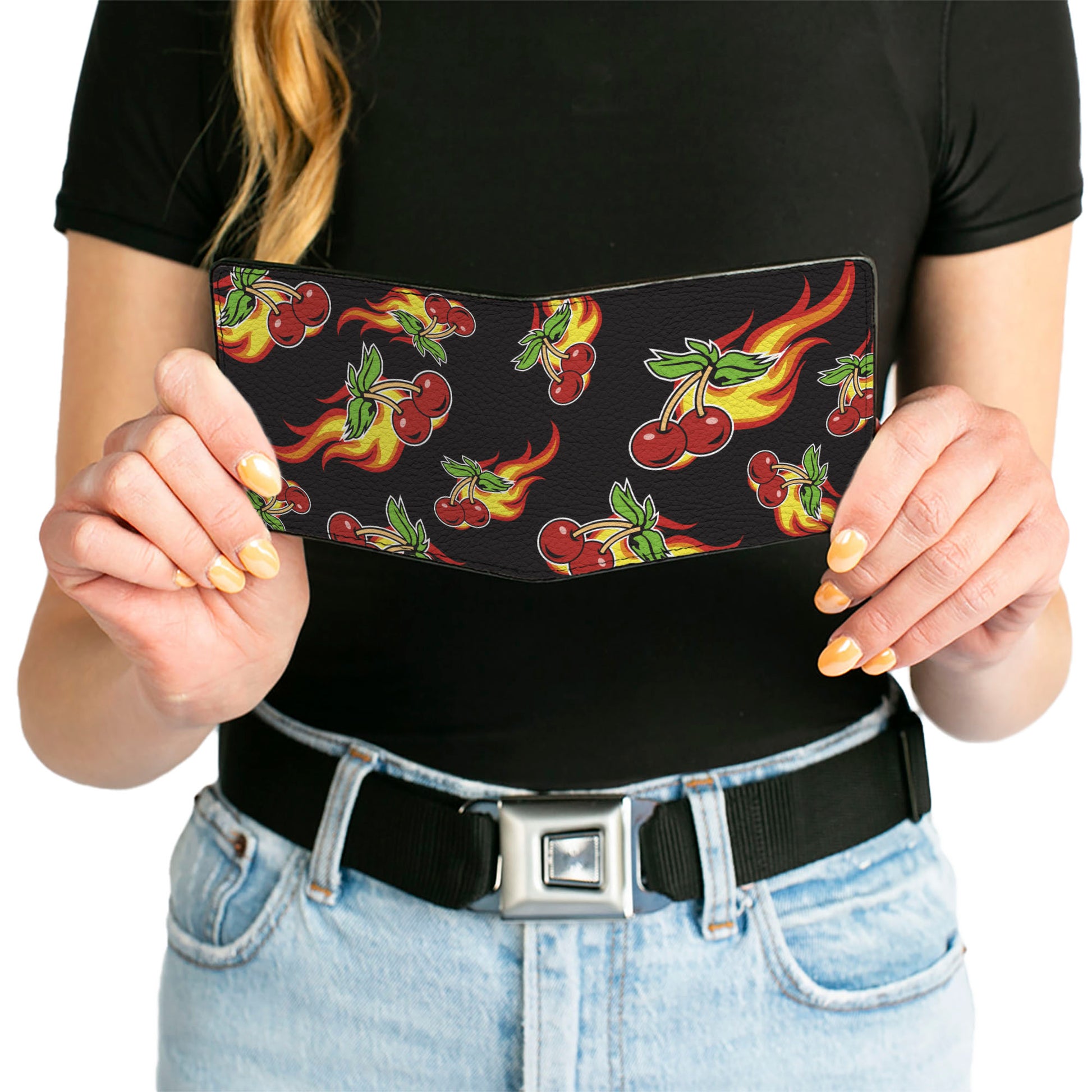 Bi-Fold Wallet - Flaming Cherries Scattered Black Bi-Fold Wallets Buckle-Down