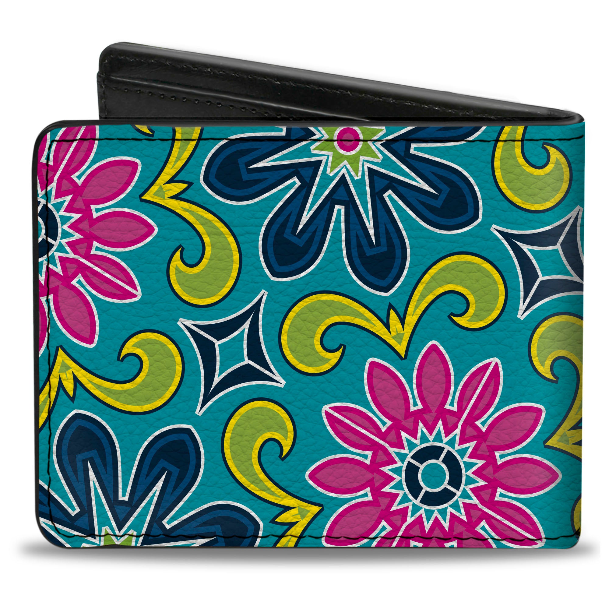 Bi-Fold Wallet - Floral Burst Turquoise Blues Pinks Yellow Green Bi-Fold Wallets Buckle-Down