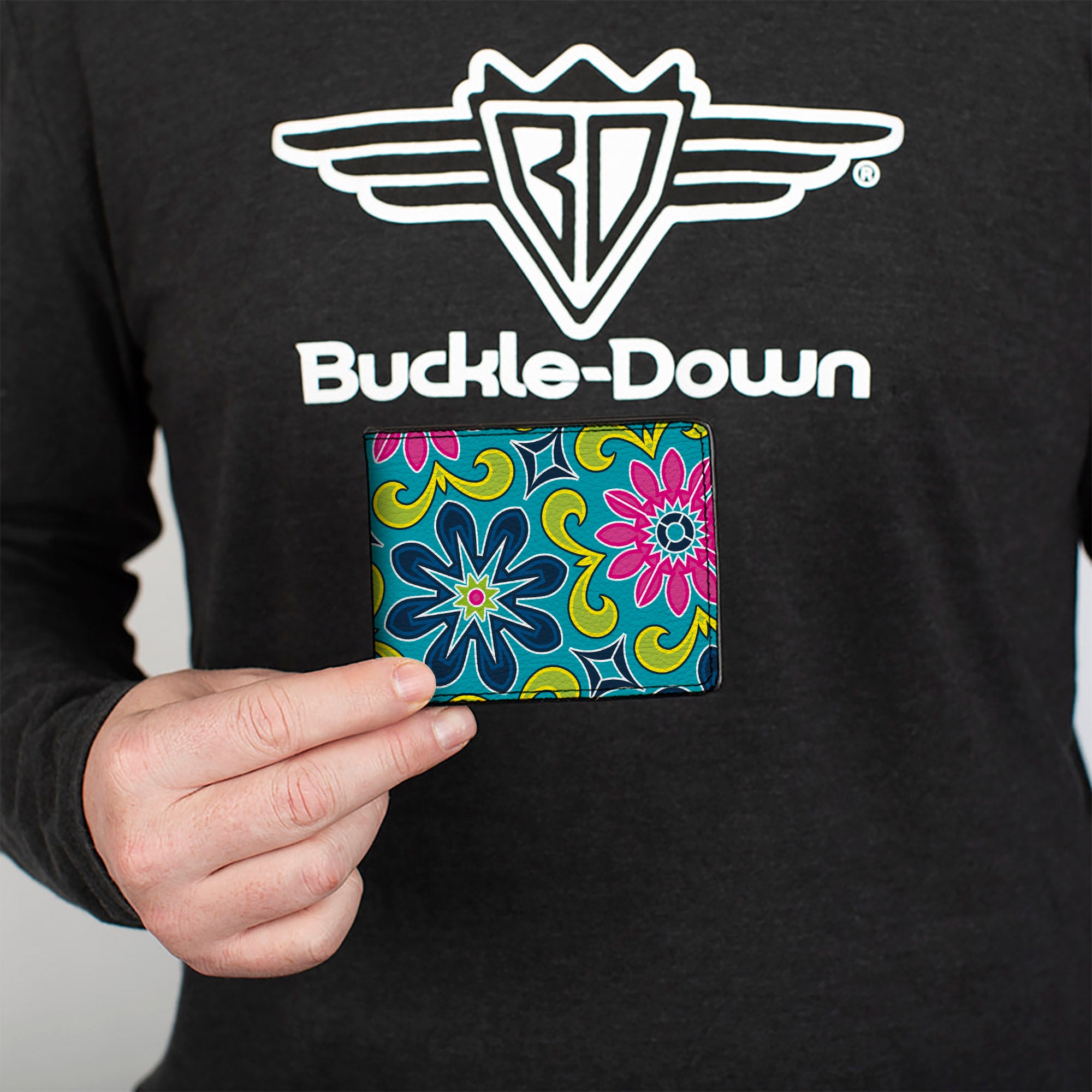 Bi-Fold Wallet - Floral Burst Turquoise Blues Pinks Yellow Green Bi-Fold Wallets Buckle-Down
