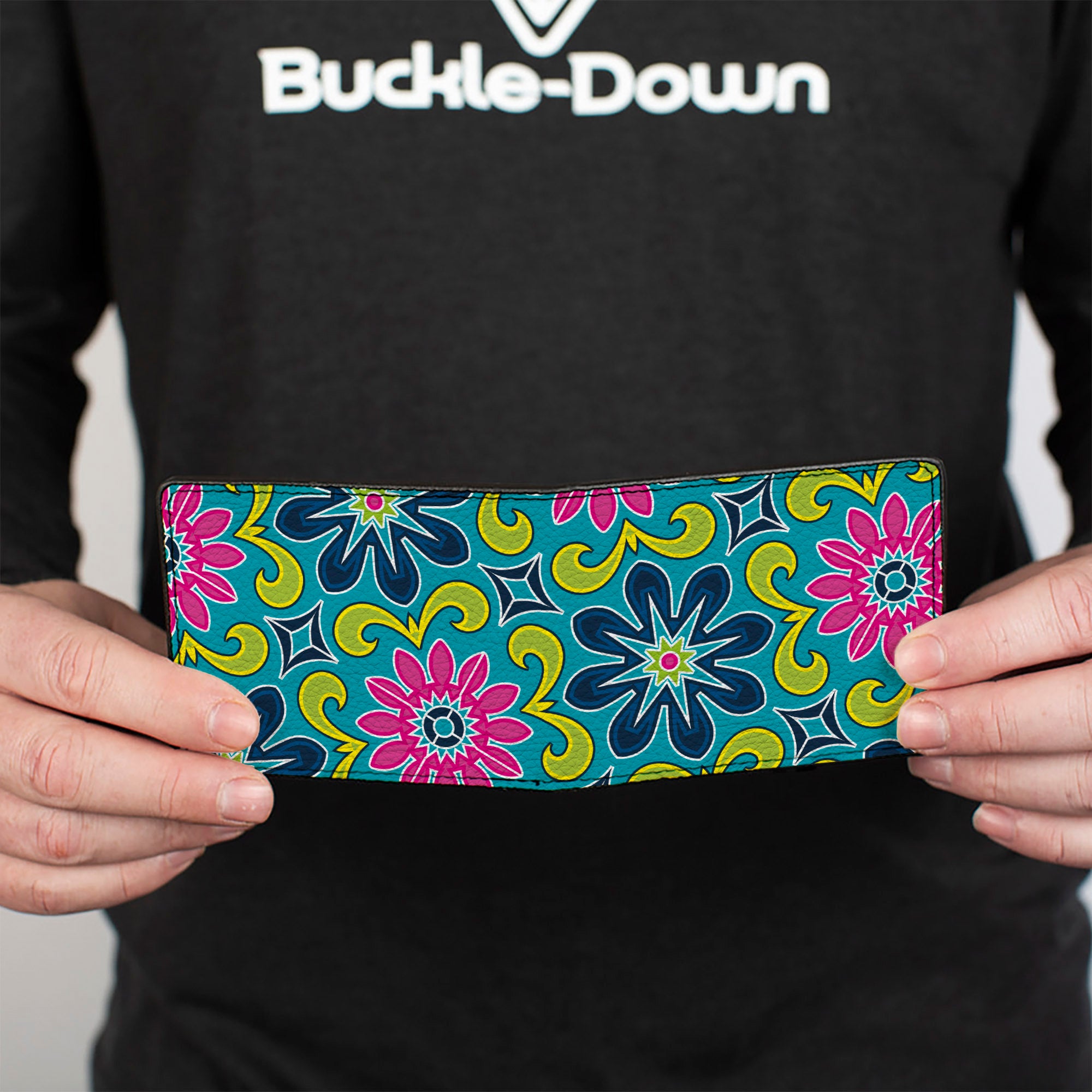 Bi-Fold Wallet - Floral Burst Turquoise Blues Pinks Yellow Green Bi-Fold Wallets Buckle-Down