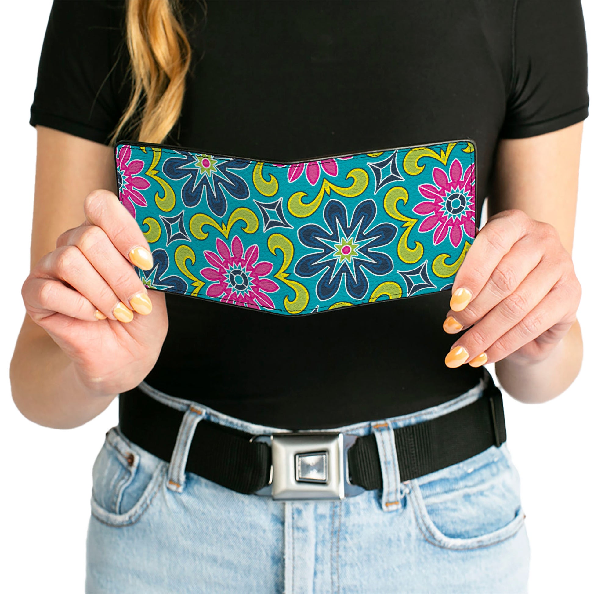 Bi-Fold Wallet - Floral Burst Turquoise Blues Pinks Yellow Green Bi-Fold Wallets Buckle-Down