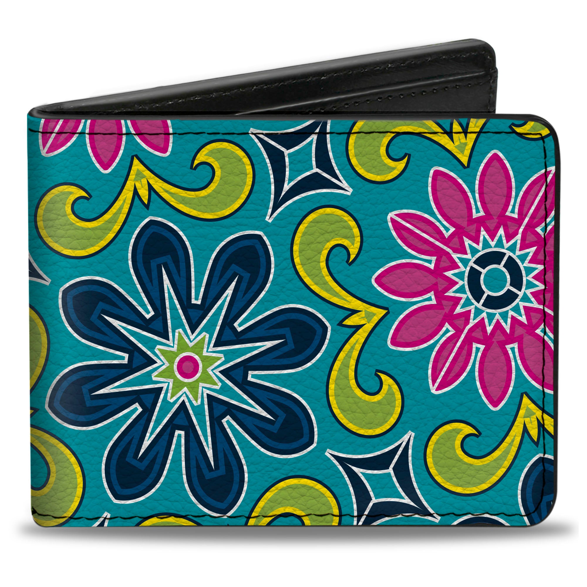 Bi-Fold Wallet - Floral Burst Turquoise Blues Pinks Yellow Green Bi-Fold Wallets Buckle-Down