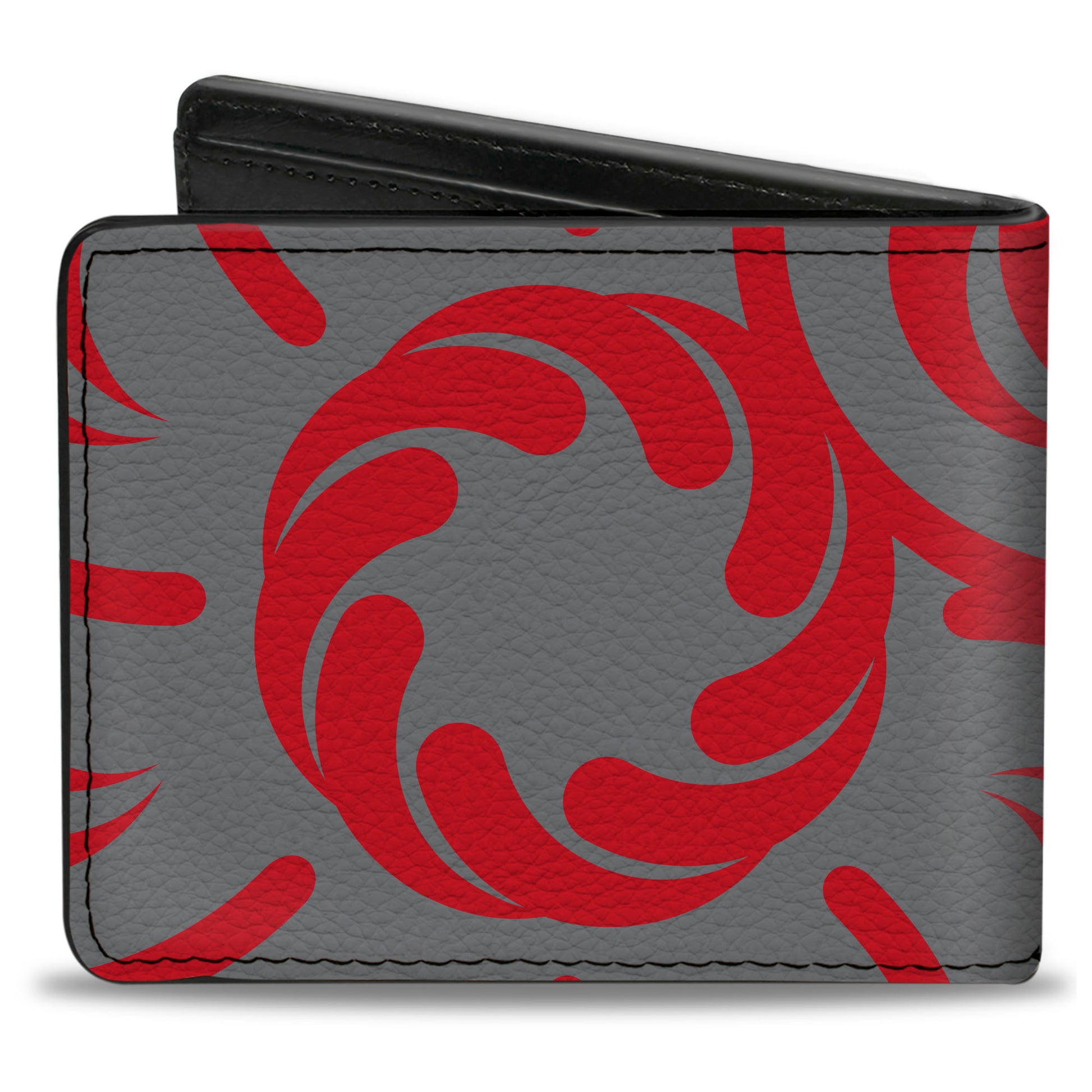 Bi-Fold Wallet - Floral Pinwheel CLOSE-UP Gray Red Bi-Fold Wallets Buckle-Down