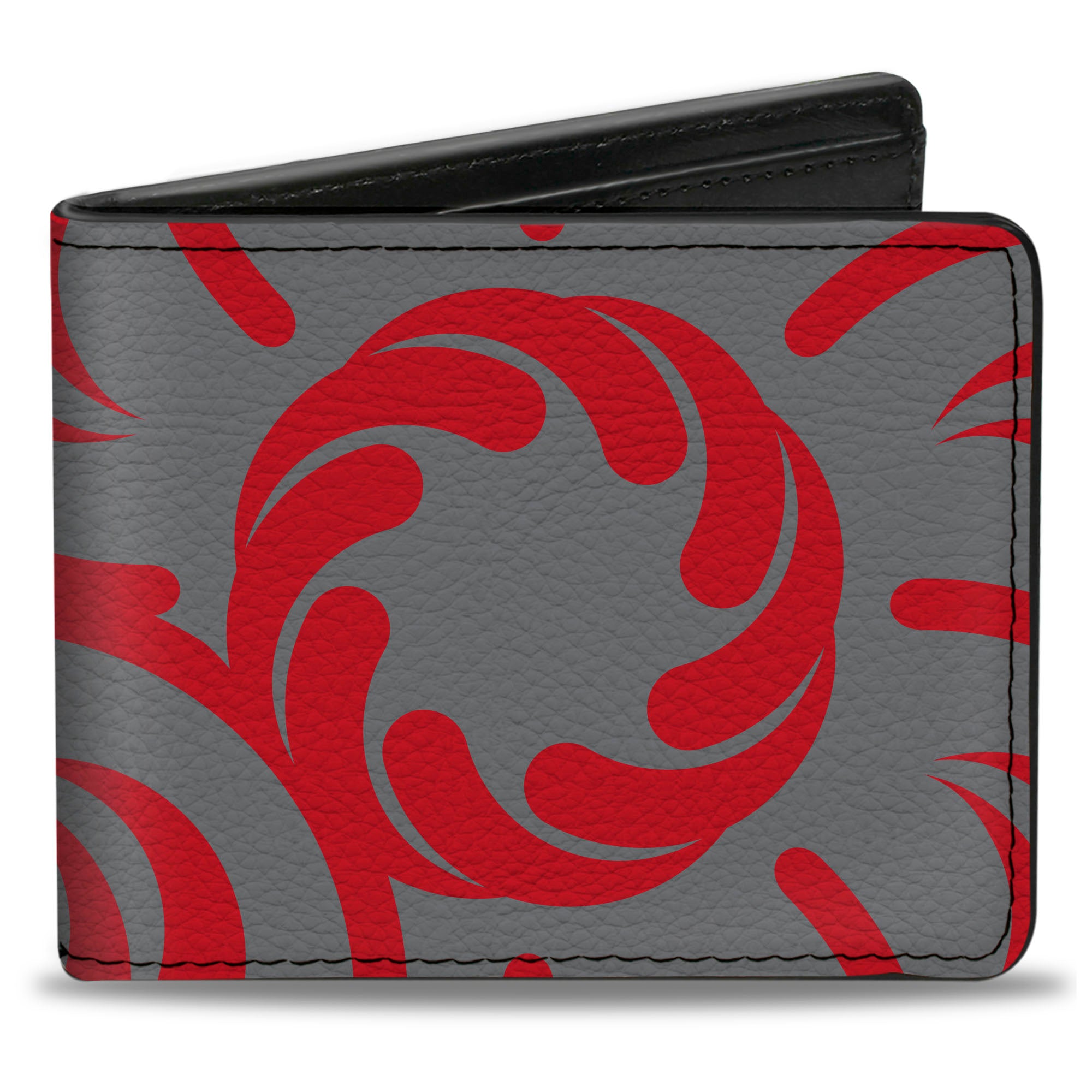 Bi-Fold Wallet - Floral Pinwheel CLOSE-UP Gray Red Bi-Fold Wallets Buckle-Down