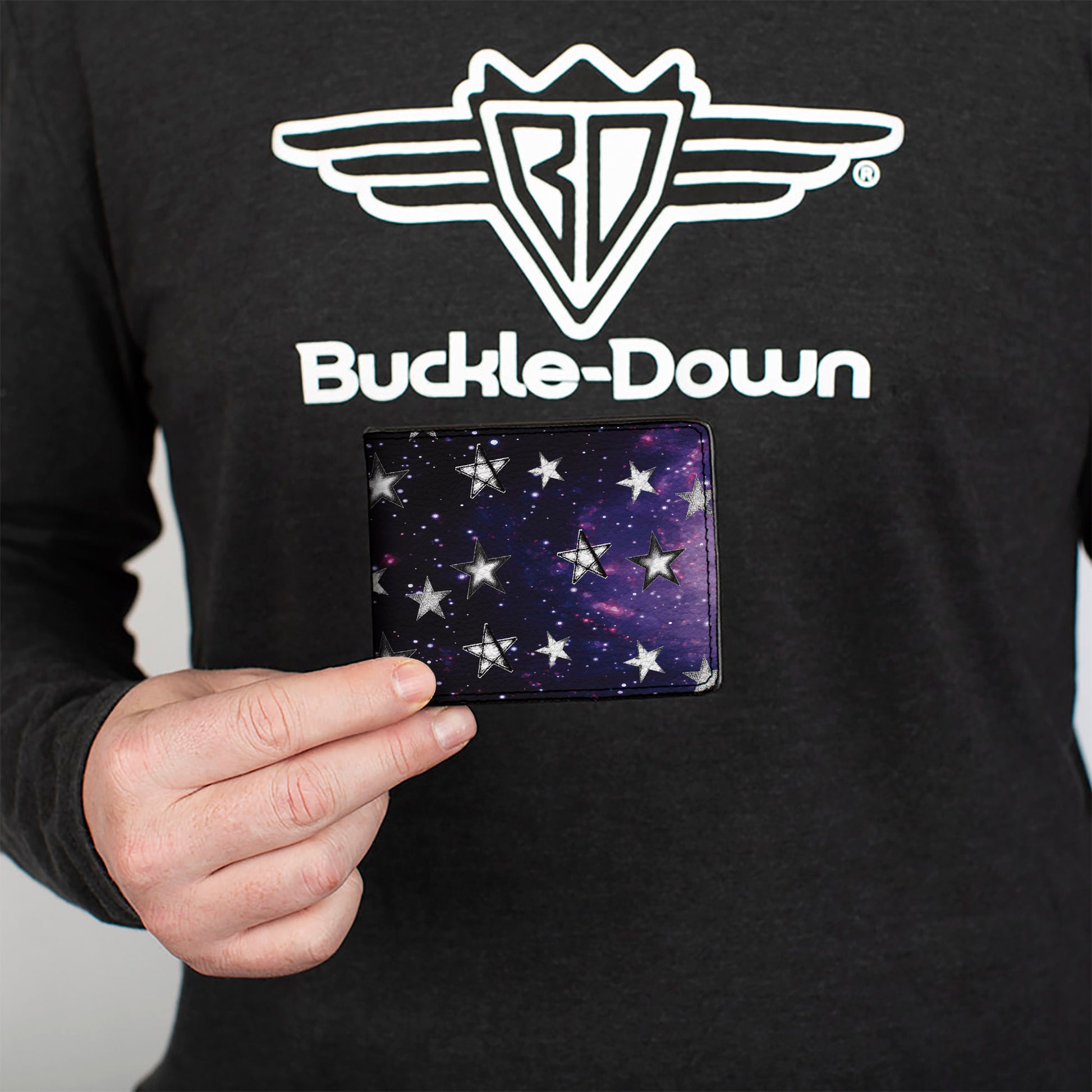 Bi-Fold Wallet - Glowing Stars in Space Black Purple White Bi-Fold Wallets Buckle-Down