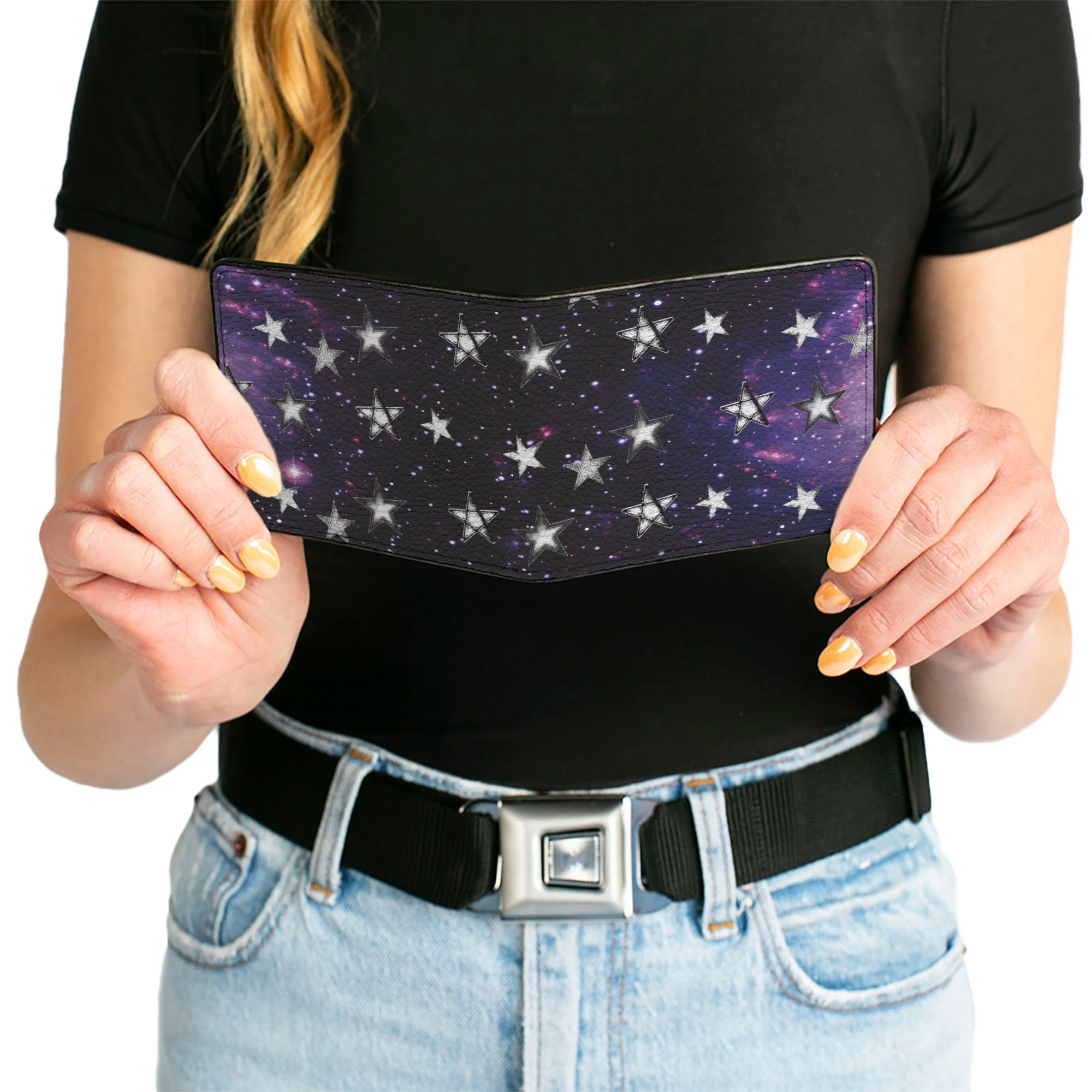 Bi-Fold Wallet - Glowing Stars in Space Black Purple White Bi-Fold Wallets Buckle-Down