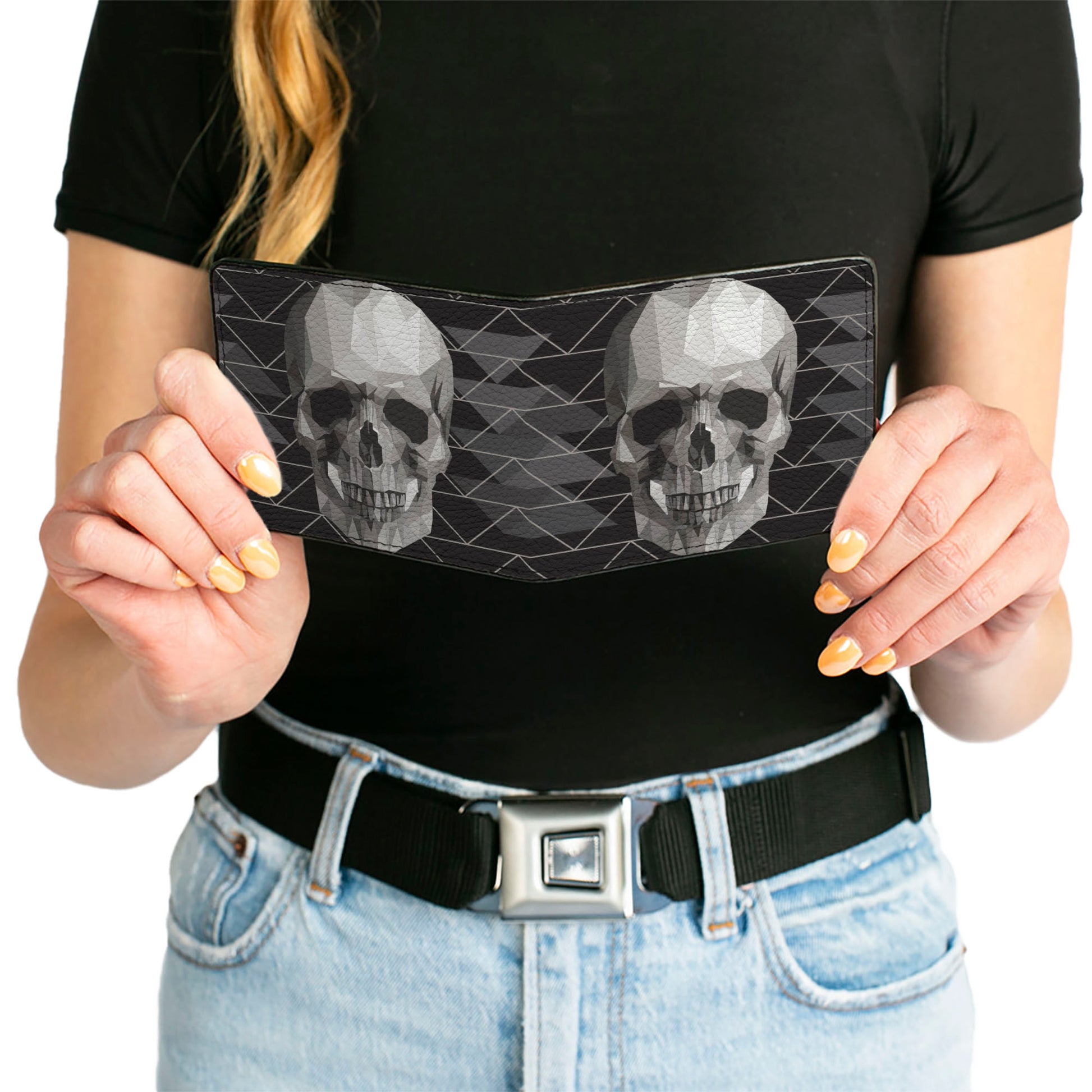 Bi-Fold Wallet - Geometric 3-D Skull Face Chevron Black Grays White Bi-Fold Wallets Buckle-Down