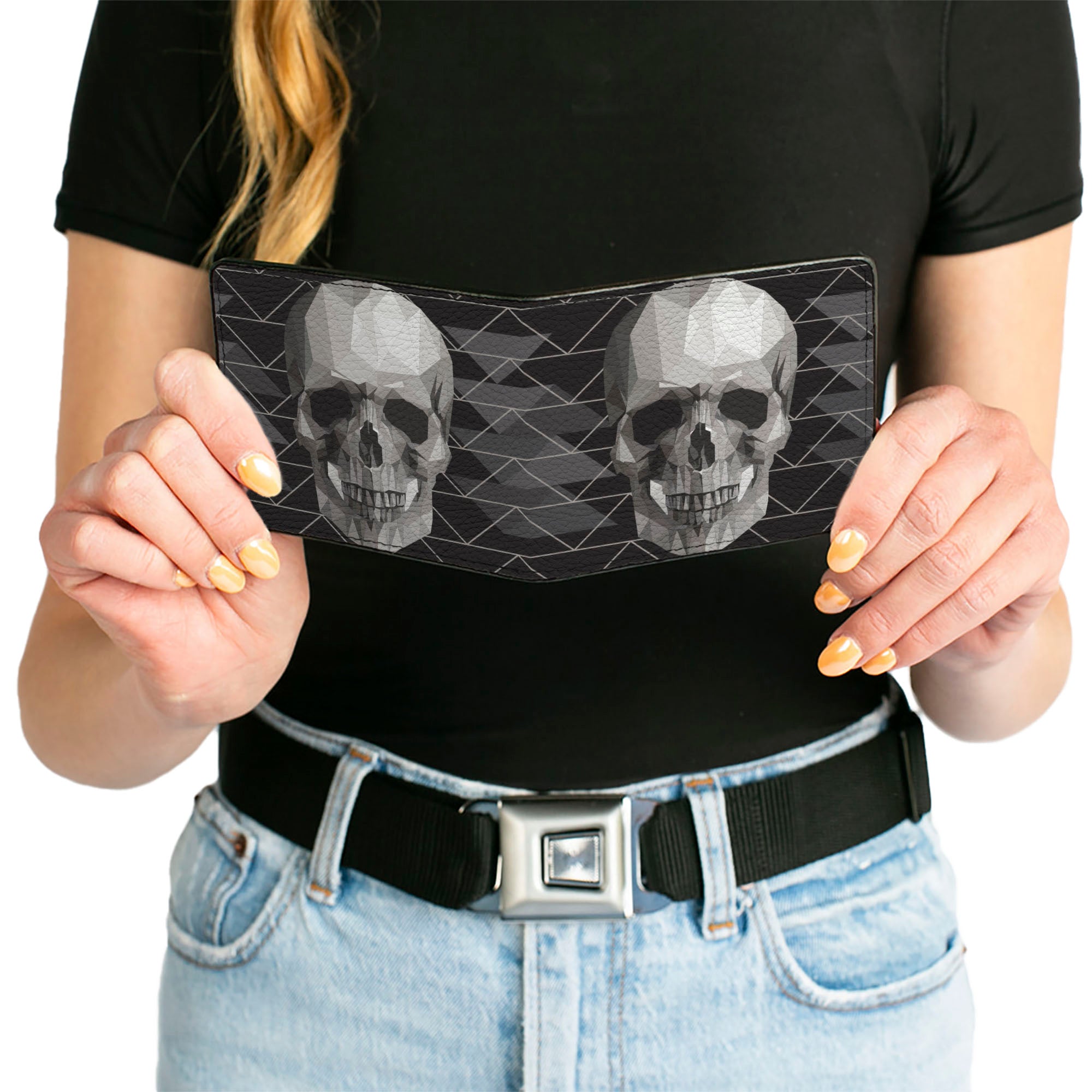 Bi-Fold Wallet - Geometric 3-D Skull Face Chevron Black Grays White Bi-Fold Wallets Buckle-Down