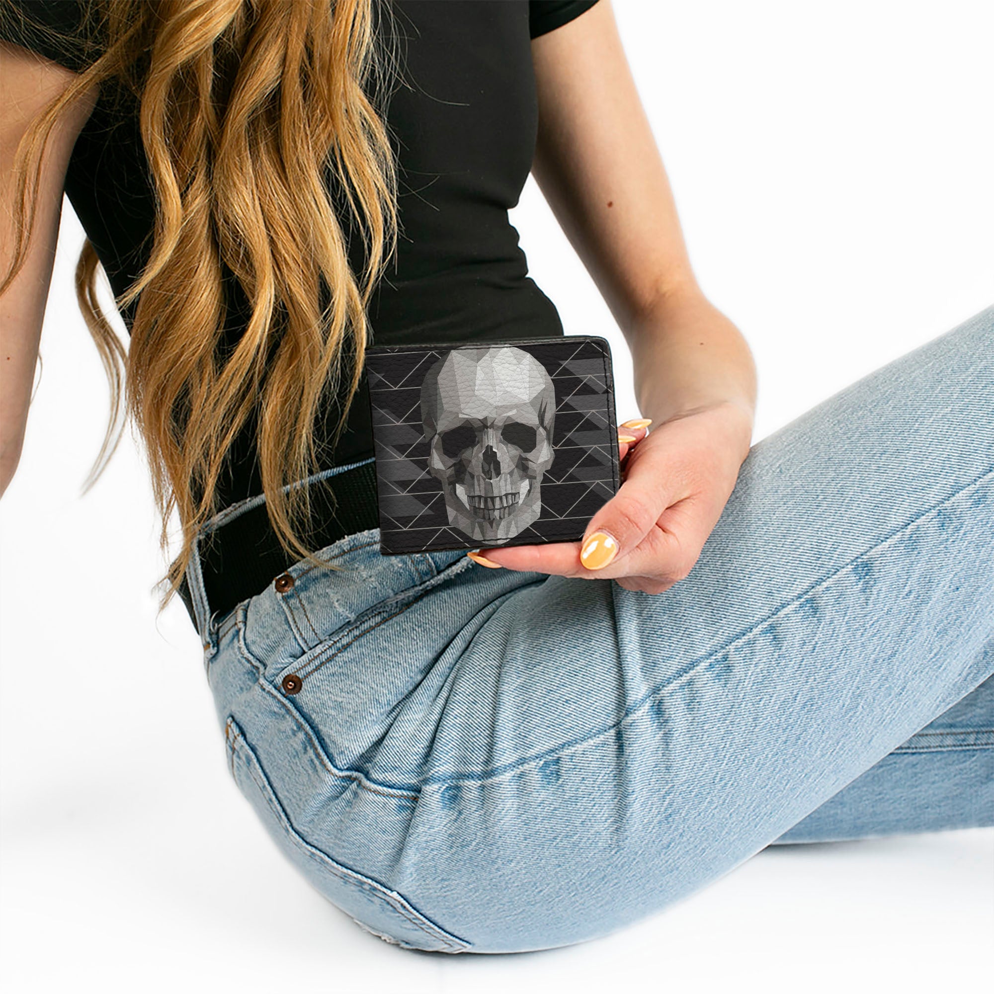 Bi-Fold Wallet - Geometric 3-D Skull Face Chevron Black Grays White Bi-Fold Wallets Buckle-Down