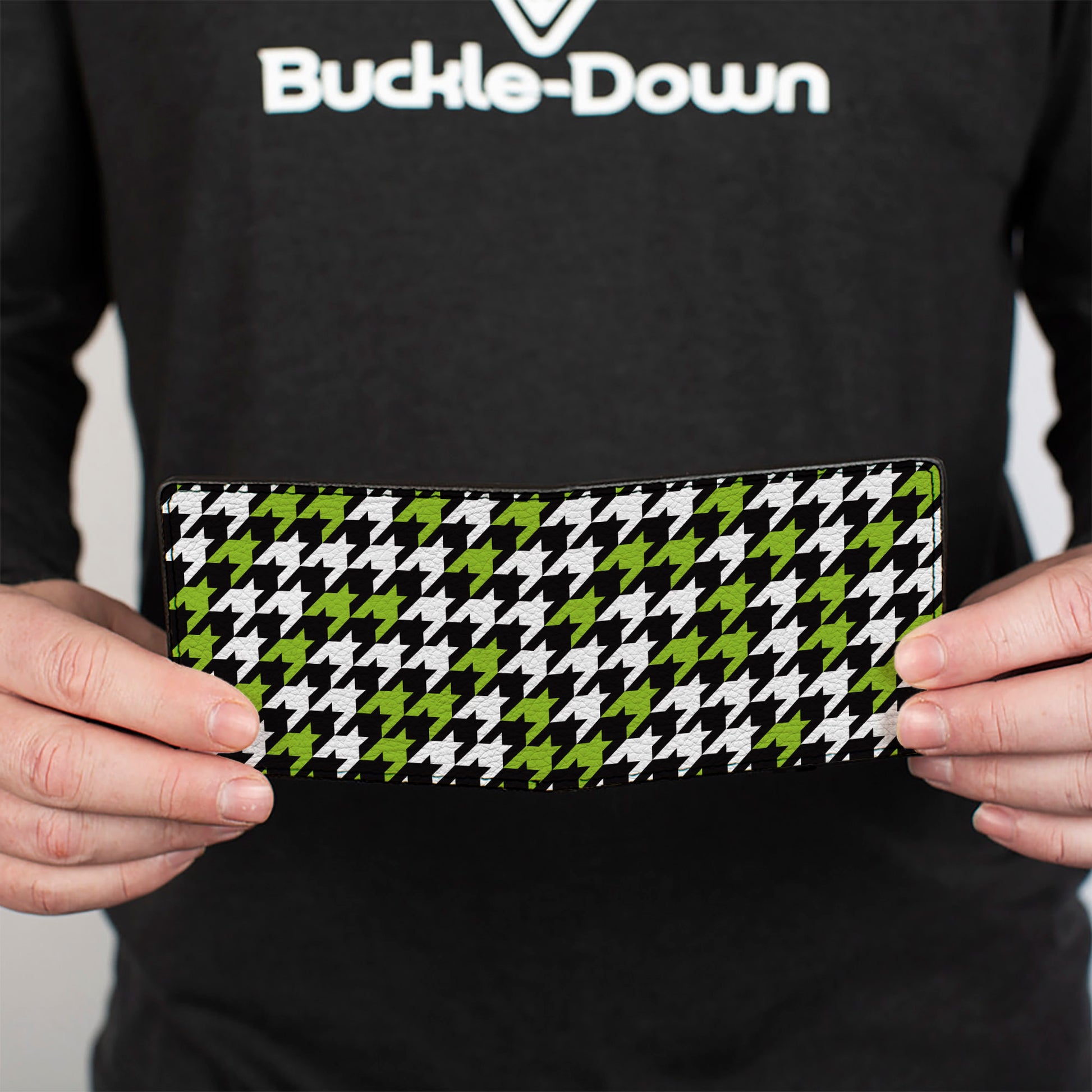 Bi-Fold Wallet - Houndstooth Black White Neon Green Bi-Fold Wallets Buckle-Down