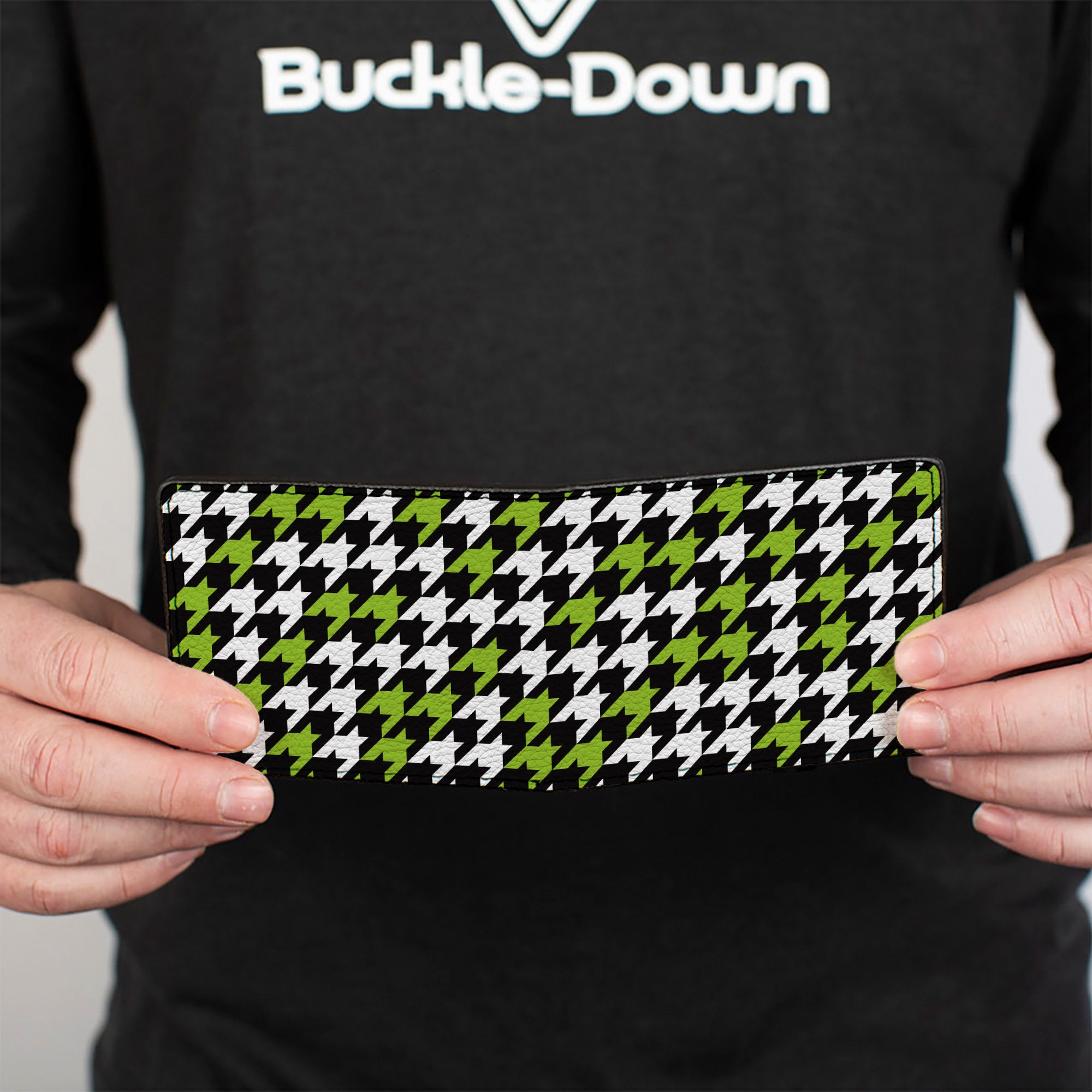 Bi-Fold Wallet - Houndstooth Black White Neon Green Bi-Fold Wallets Buckle-Down