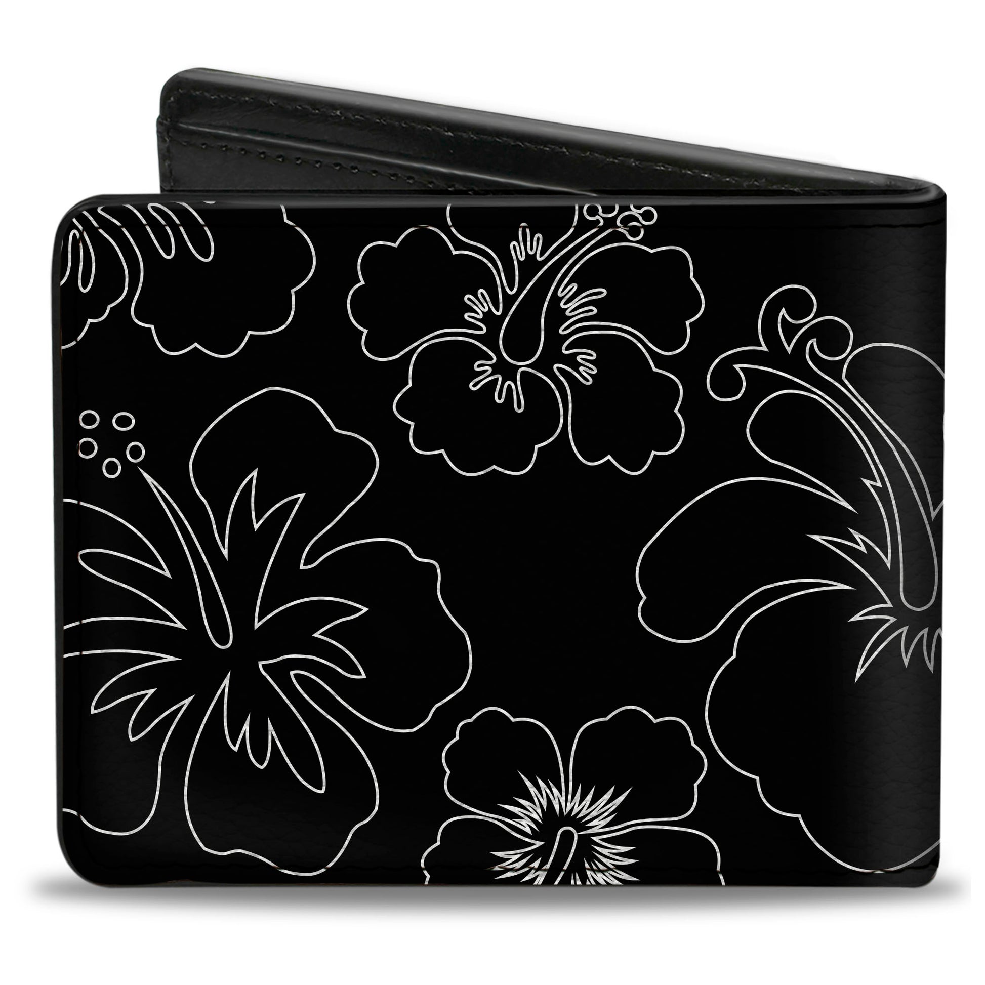 Bi-Fold Wallet - Hibiscus Outline Black White Bi-Fold Wallets Buckle-Down